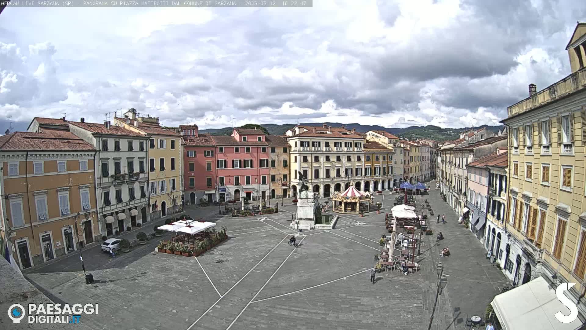 A mostly sunny, partly cloudy day overlooks a large town square surrounded by multi-story buildings, a small carousel, and outdoor seating areas.