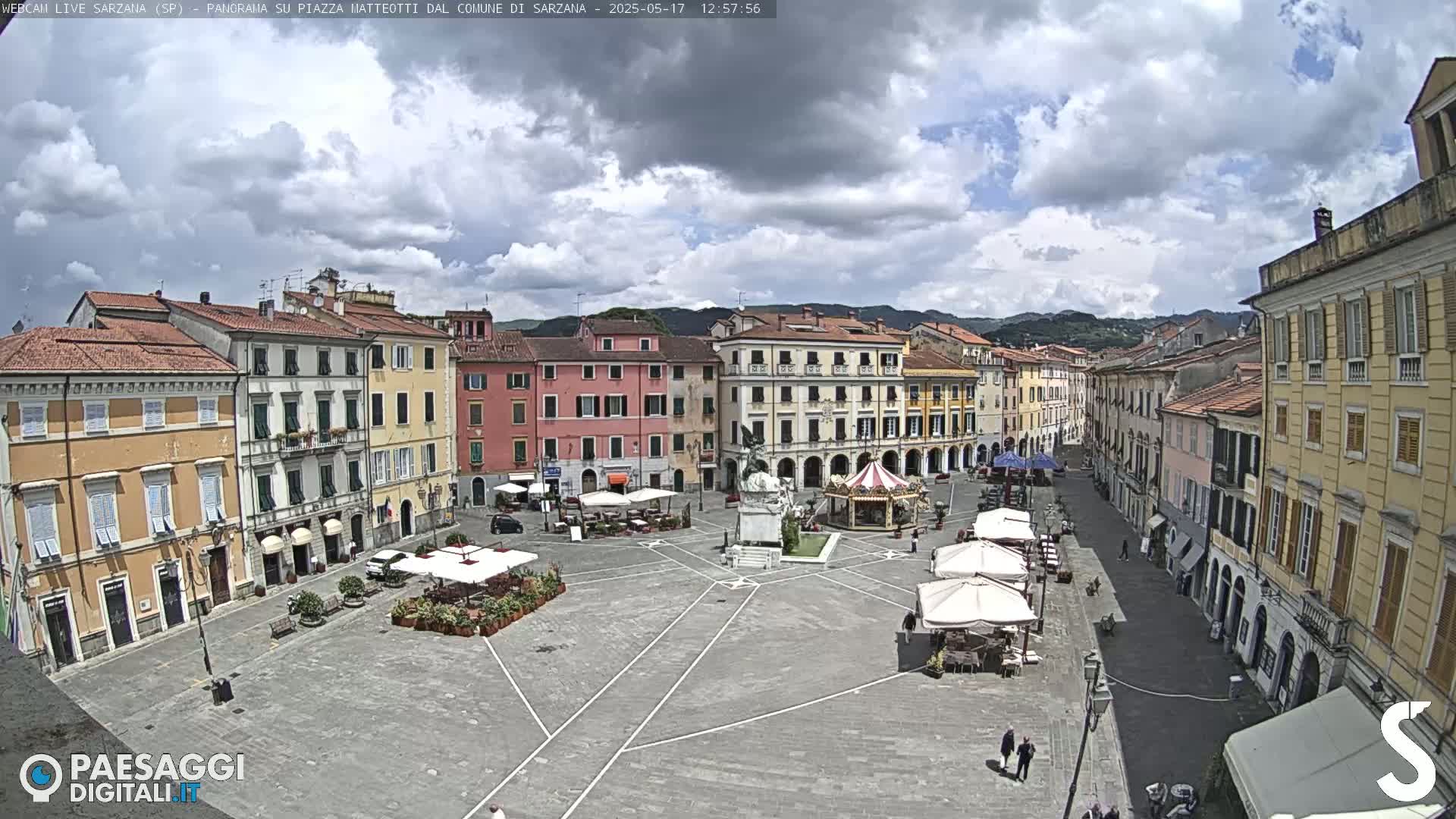 A partly cloudy day overlooks a town square with multiple buildings, a monument, a carousel, and several outdoor café umbrellas.