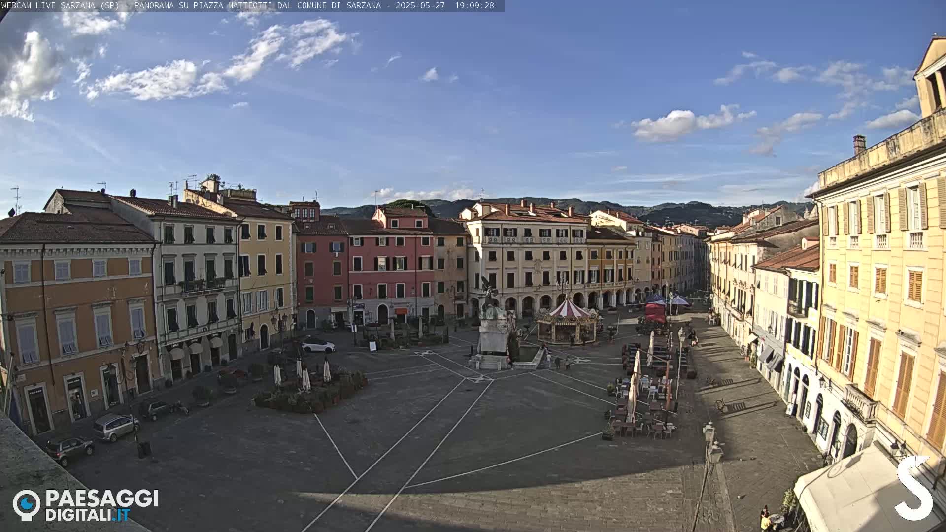 A mostly sunny town square in Italy, surrounded by multi-story buildings, features a small carousel and sparsely populated outdoor seating areas.
