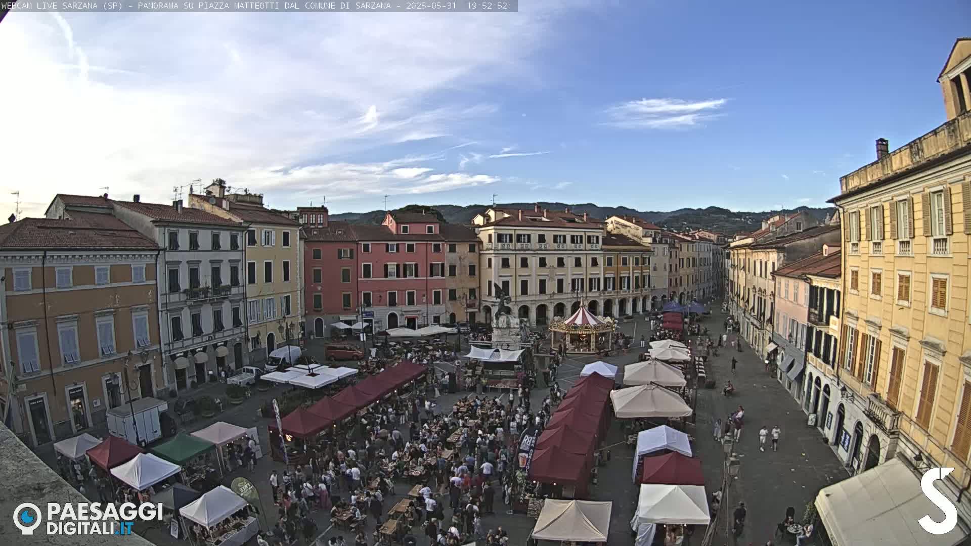 A town square filled with people at market stalls under a mostly sunny sky.