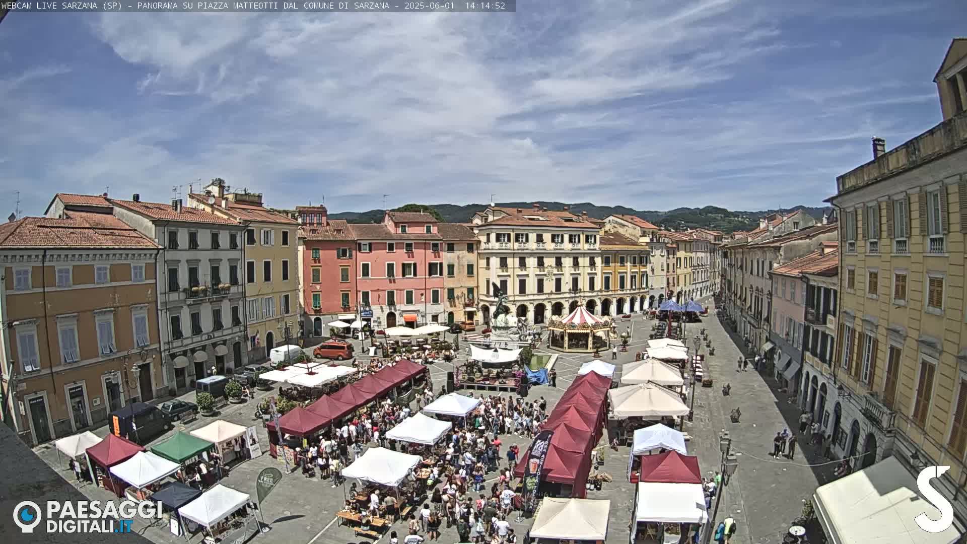 A sunny day shows a large town square filled with market stalls and people, surrounded by multi-story buildings.