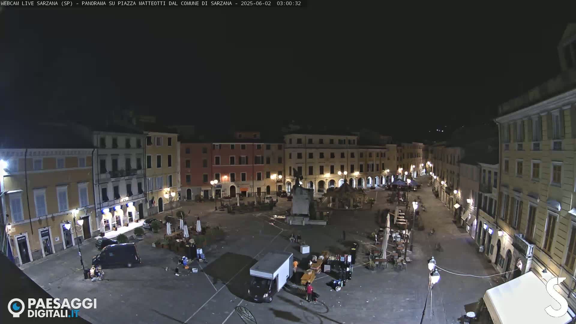 A nighttime, mostly empty town square with several buildings surrounding it and a few vehicles and people present.