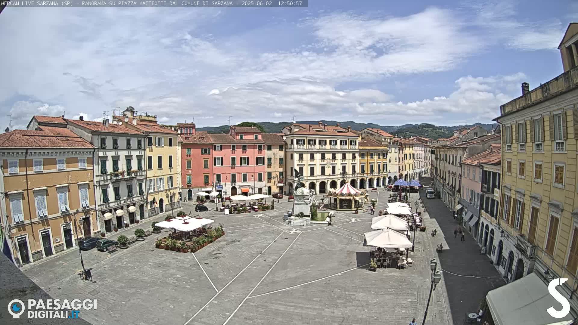 A partly cloudy day in a town square surrounded by multi-story buildings, featuring outdoor cafes and a carousel.