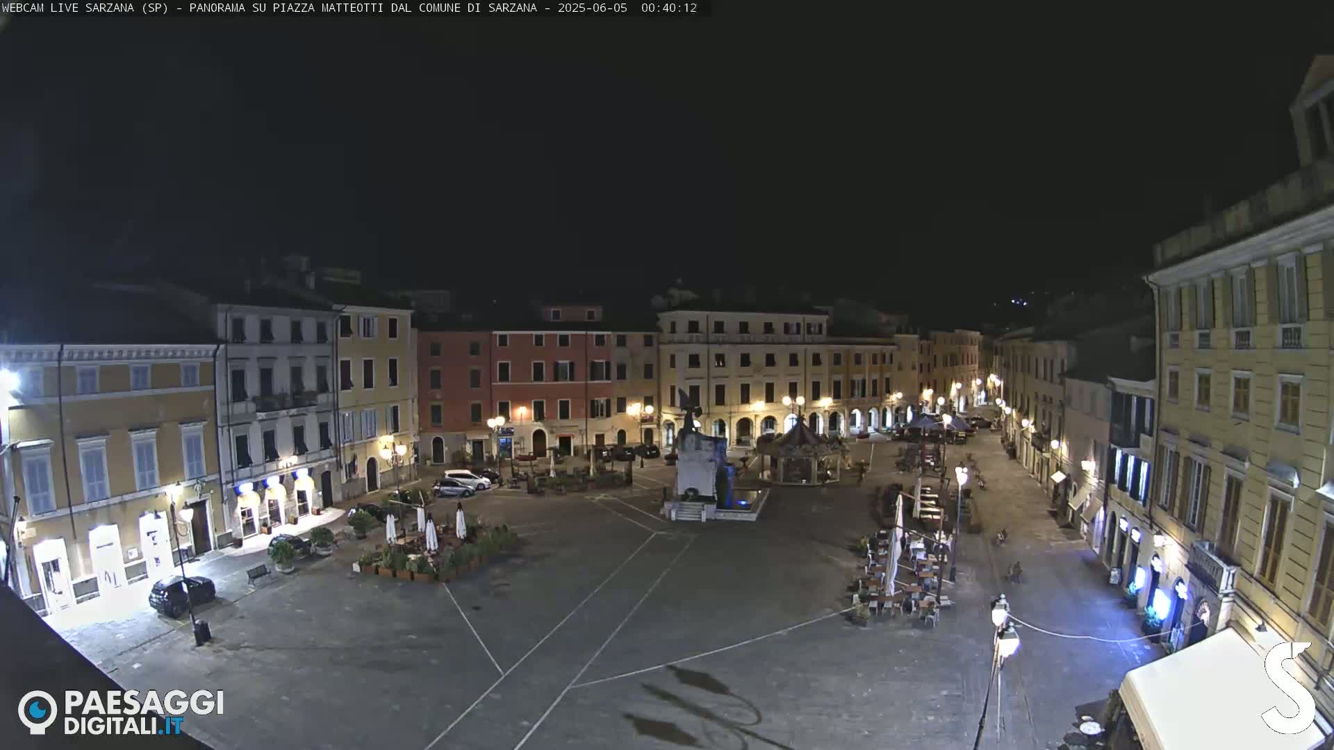 A nighttime, aerial view of a town square with several buildings surrounding it, some with outdoor seating areas and a few cars parked.