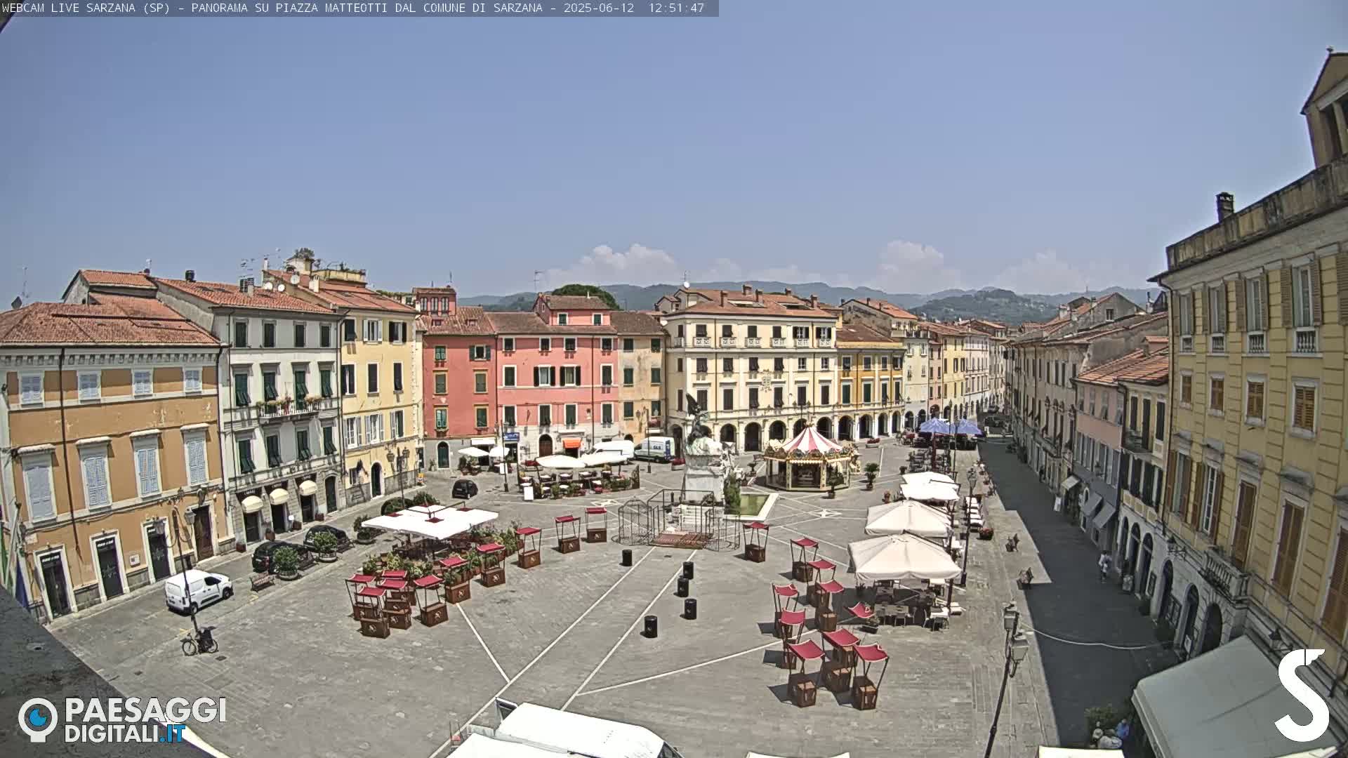 A sunny day in a large town square, surrounded by multiple-story buildings, with outdoor seating and market stalls.