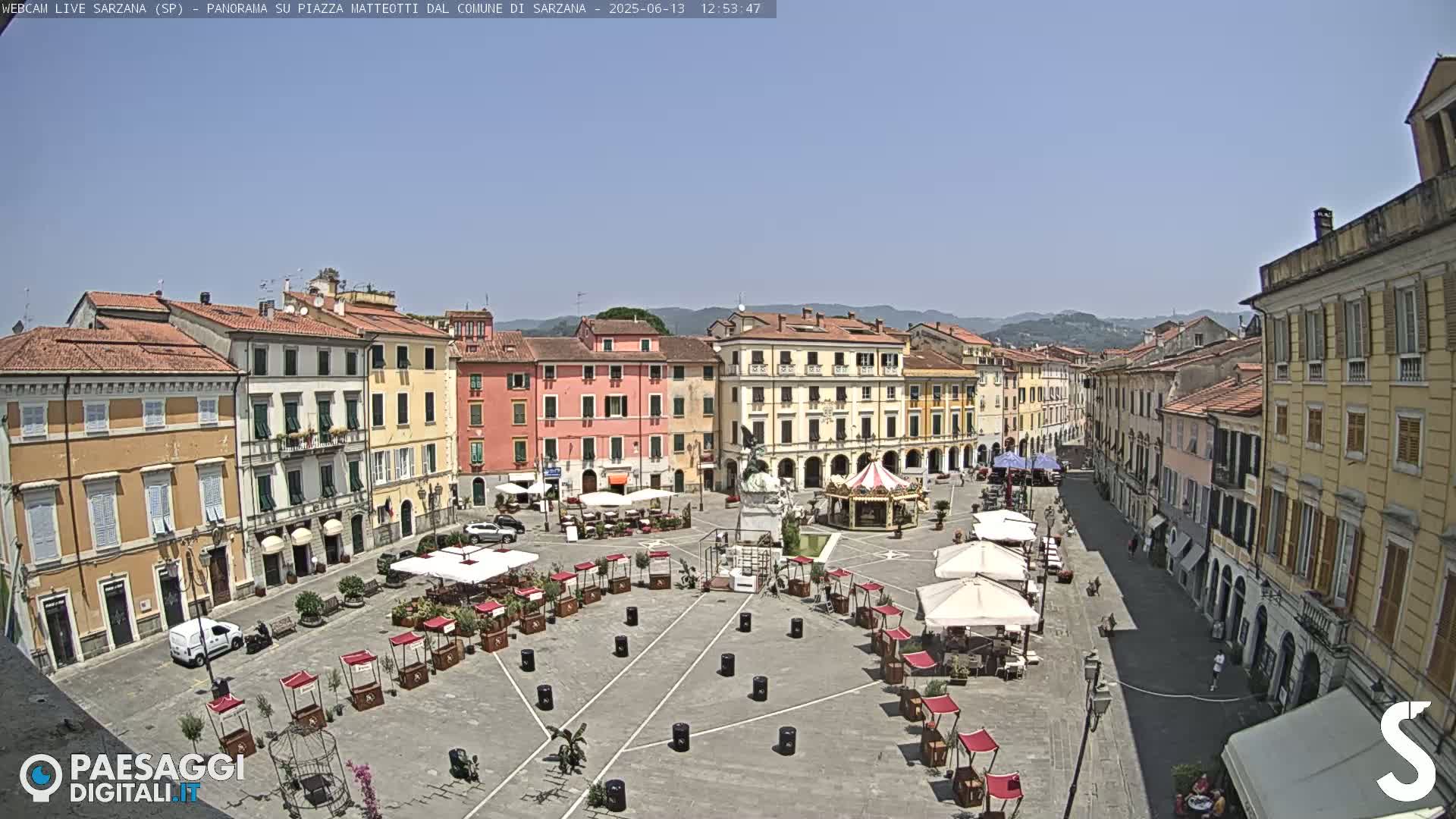 A large, paved town square with several buildings surrounding it, featuring numerous outdoor market stalls and a carousel, under a clear, sunny sky.