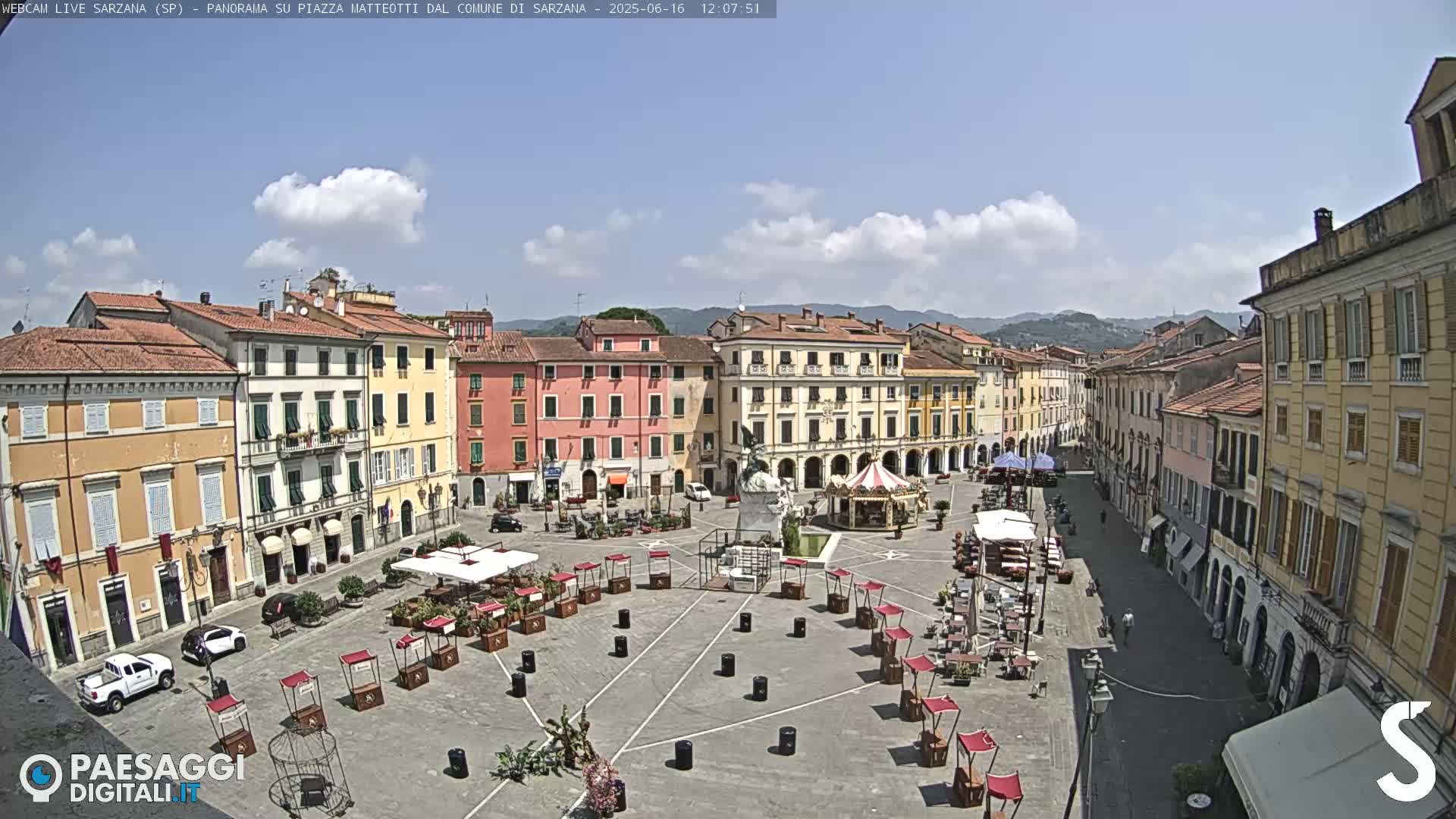 A mostly sunny day reveals a large town square surrounded by pastel-colored buildings, featuring outdoor seating areas, market stalls, and a carousel.