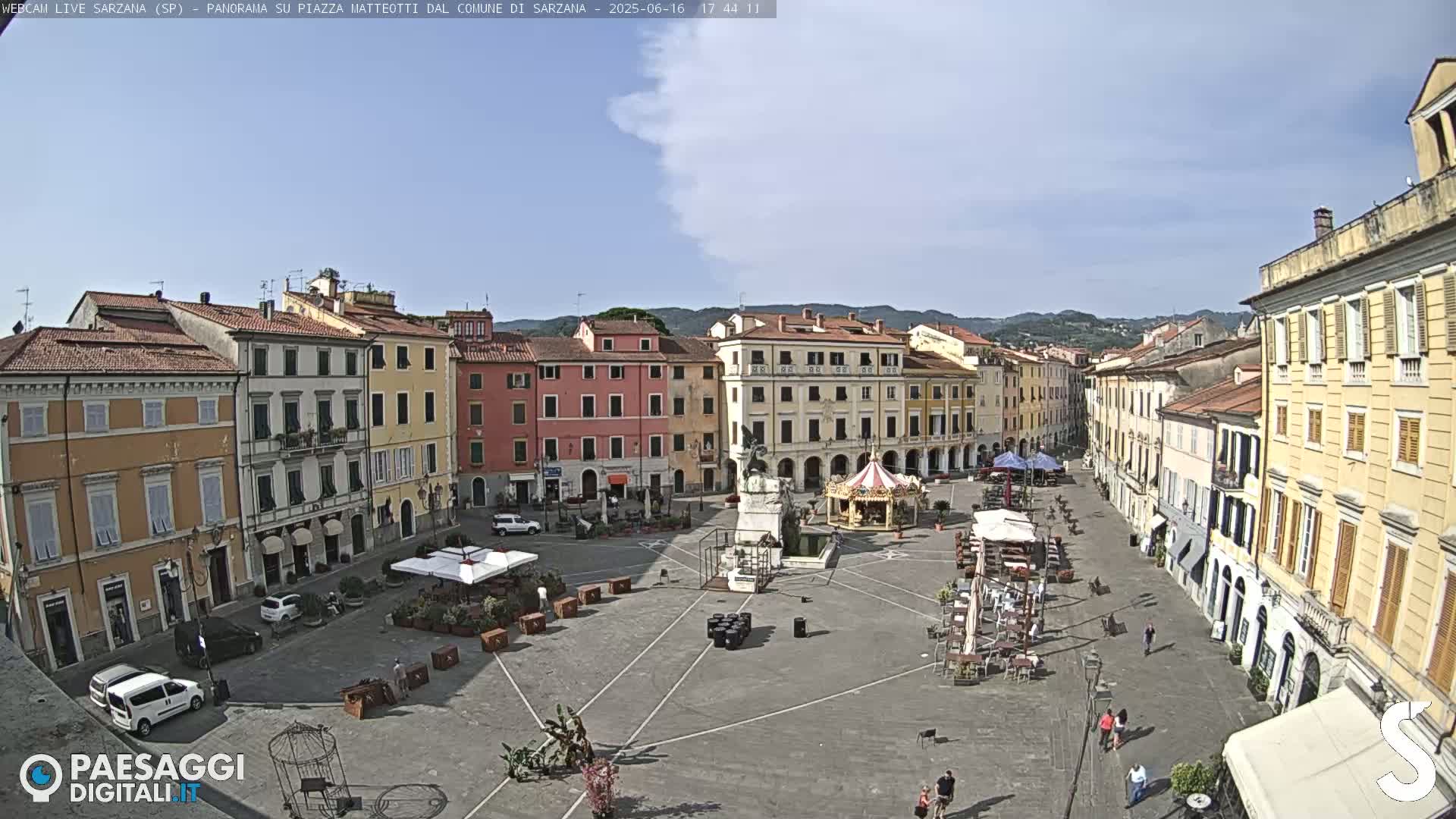 A mostly sunny, partly cloudy day overlooks a large town square surrounded by multi-story buildings, featuring a carousel and outdoor seating areas.