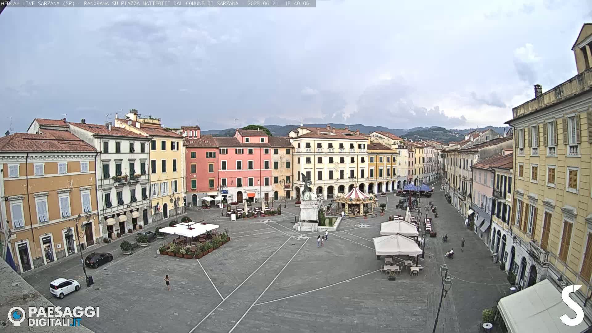 A town square with several buildings, a carousel, and outdoor seating under partly cloudy skies.
