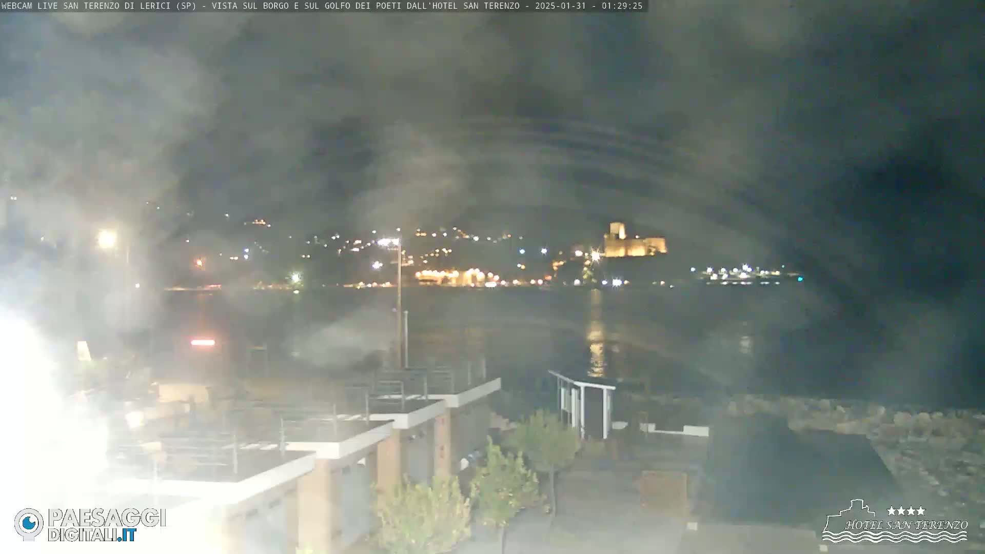 A nighttime view across a calm body of water towards a town with lights, and a castle on a hill under a hazy, dark sky.