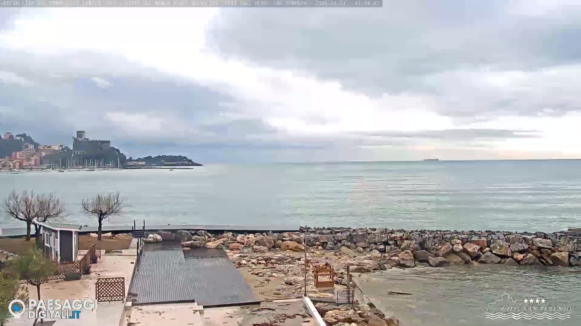 A cloudy day reveals a coastal scene with a calm sea, a rocky shoreline, sparse vegetation, and a distant town featuring a castle on a hill.
