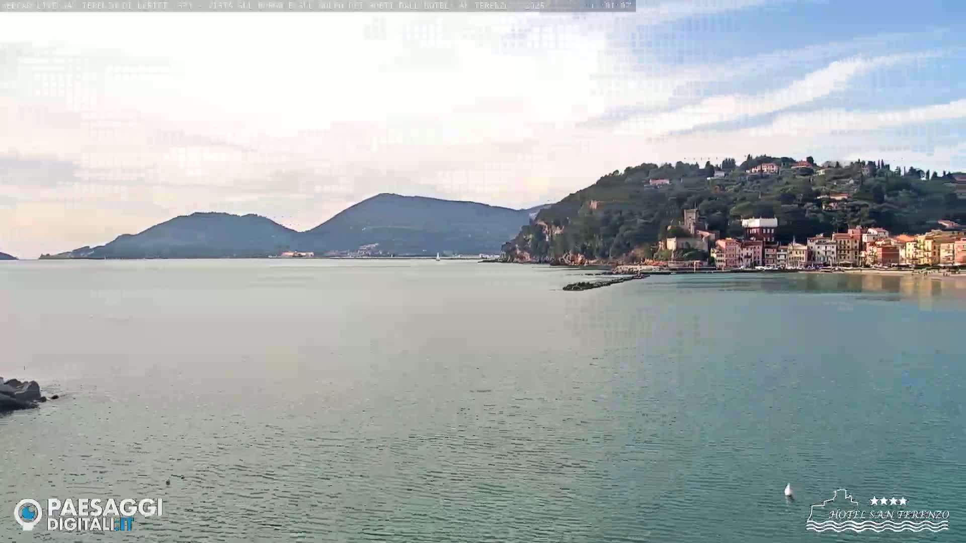 A calm body of water stretches out before a picturesque coastal town nestled on a hillside, backed by mountains under a mostly clear sky.