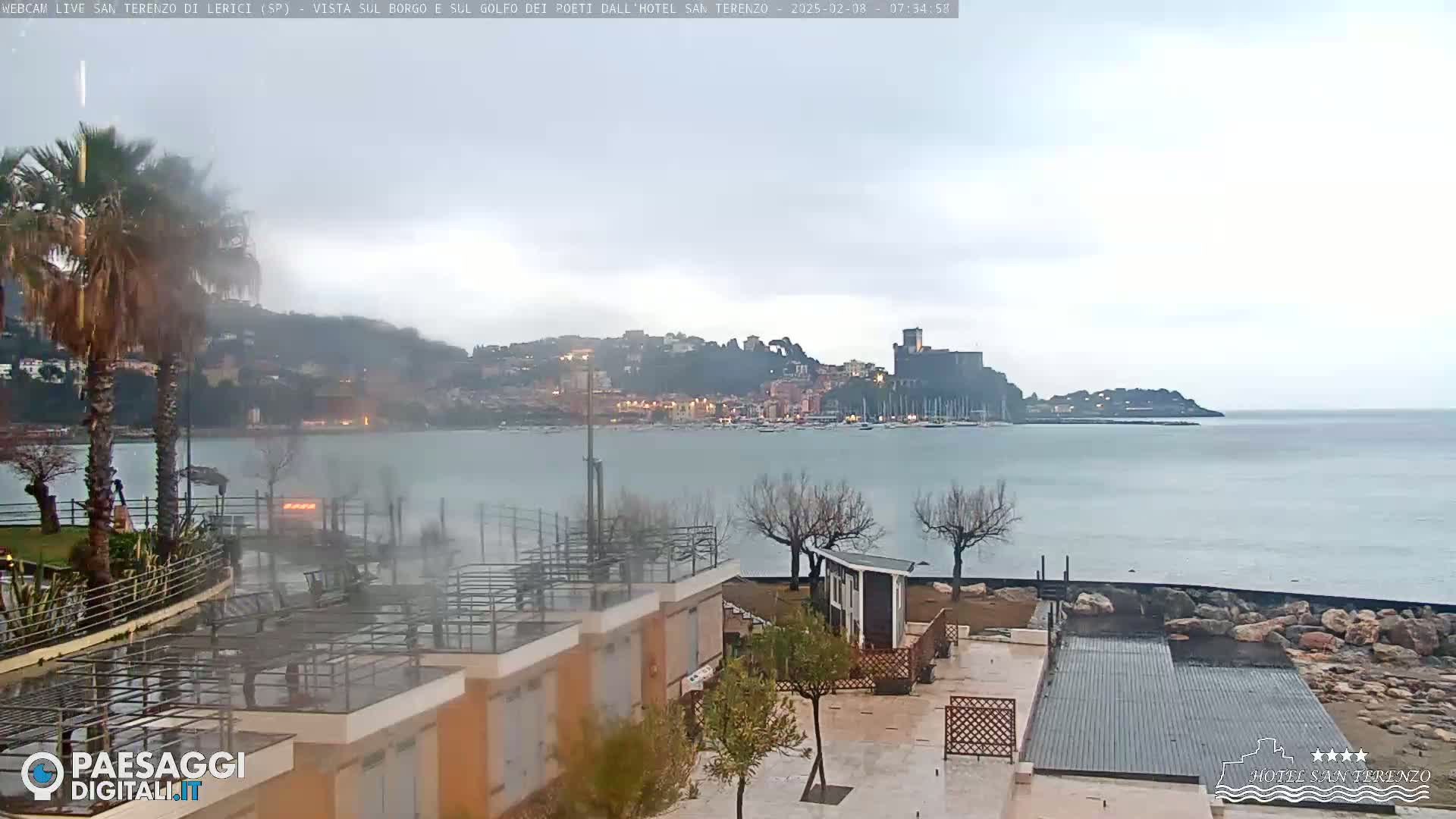 A coastal view on an overcast day shows a calm body of water with boats, a town nestled on a hillside, and a paved waterfront area with palm trees and small buildings.