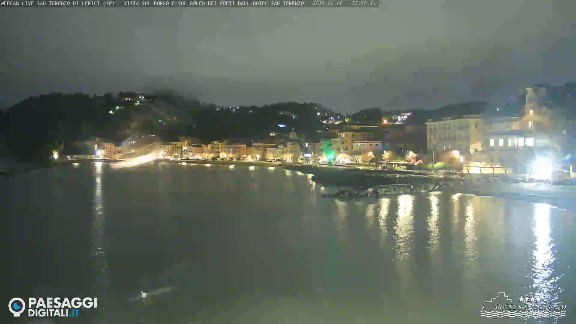 A nighttime view of a town situated on a calm body of water, nestled against a hillside.