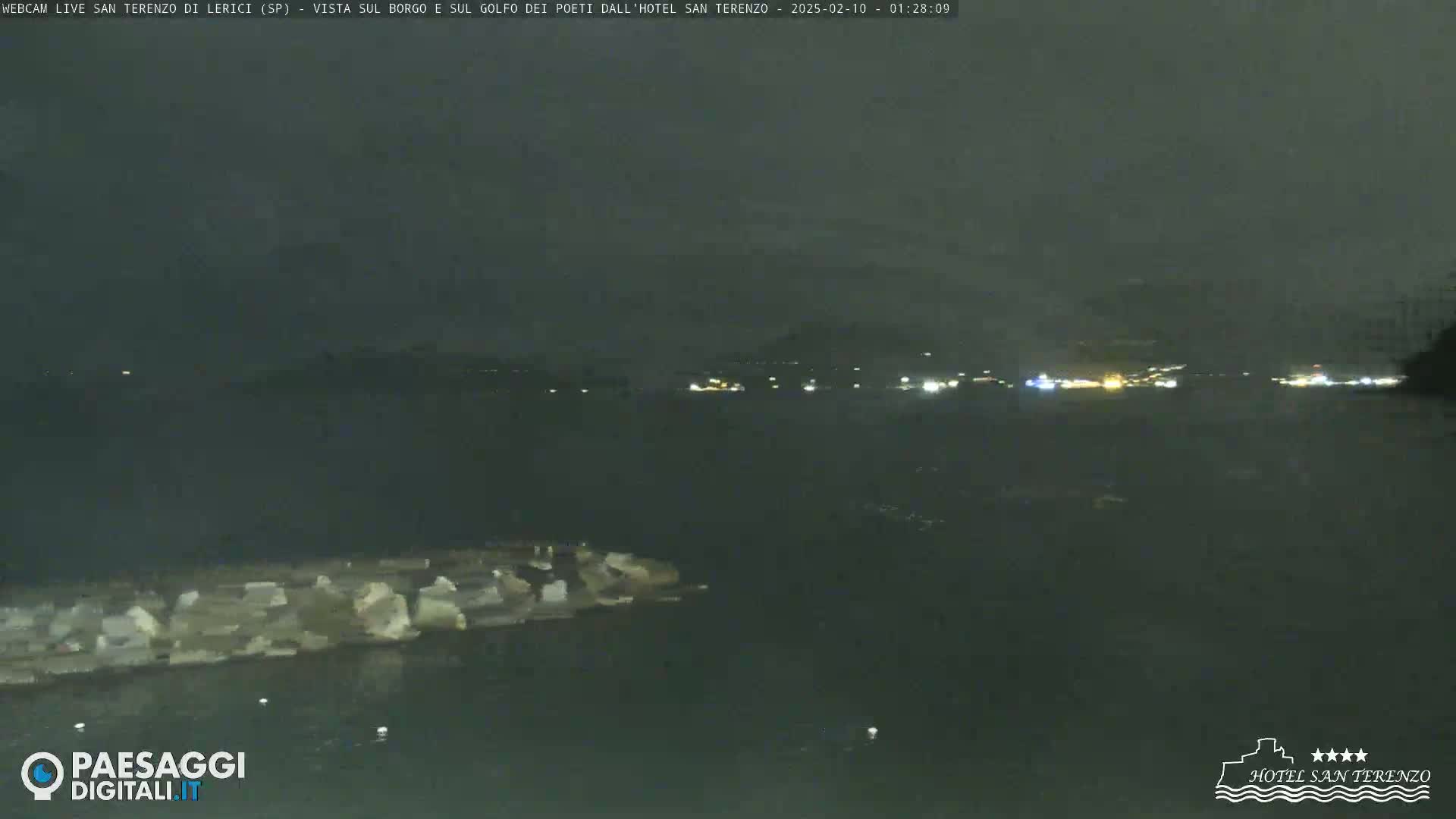 A nighttime view of a dark body of water with a distant shoreline showing faint lights under an overcast sky.