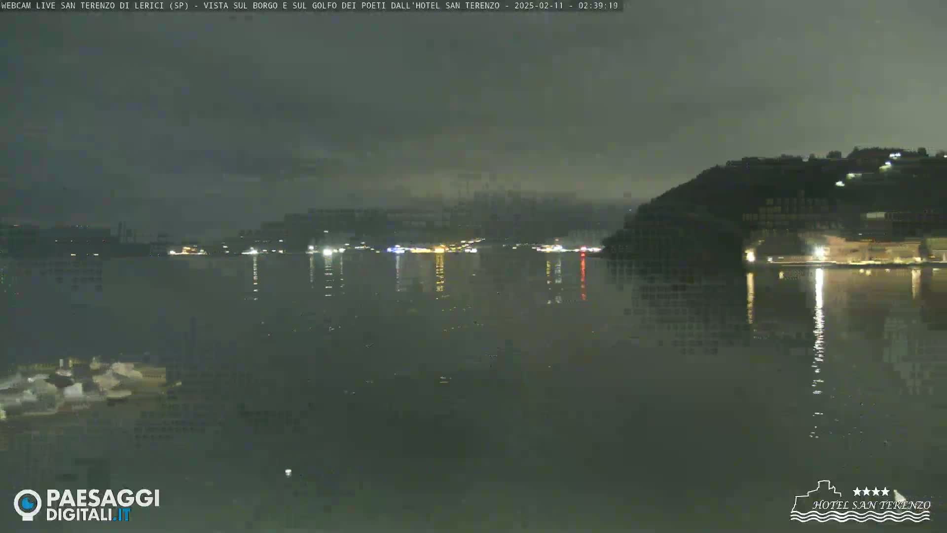 A nighttime view of a calm body of water reflecting lights from a town on a hill across the water under a dark, cloudy sky.