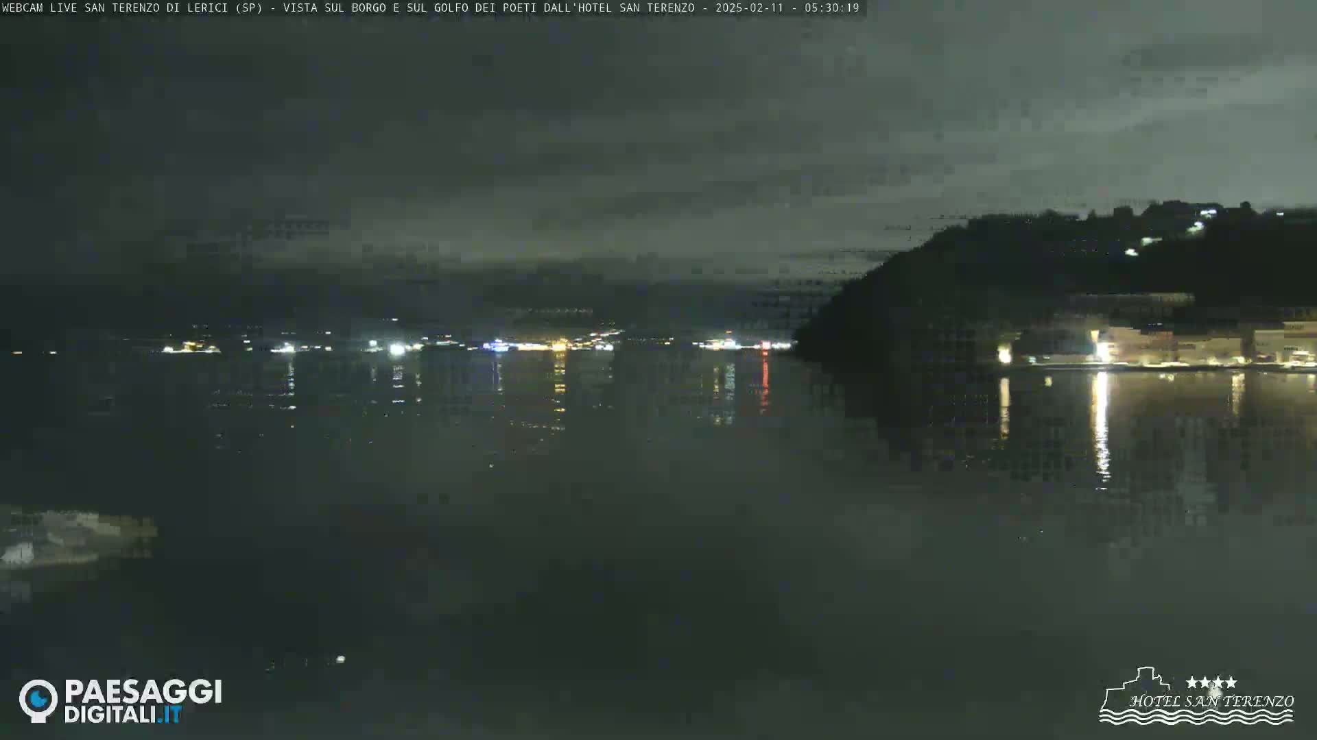 A nighttime view of a calm body of water reflecting the lights of a town on the opposite shore under a dark, cloudy sky.