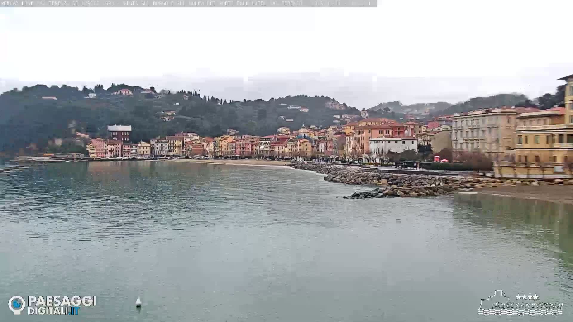 A coastal town nestled against a hillside is viewed from across calm water under an overcast sky.