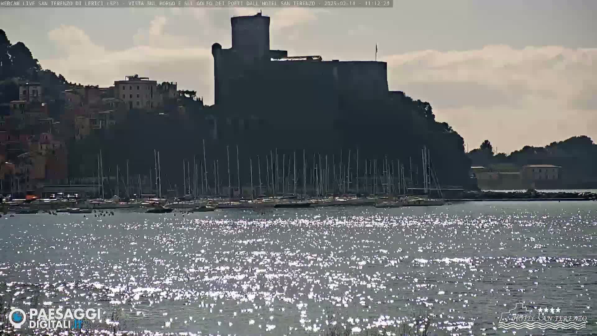 A castle sits atop a hill overlooking a harbor filled with sailboats, all under a partly cloudy sky.