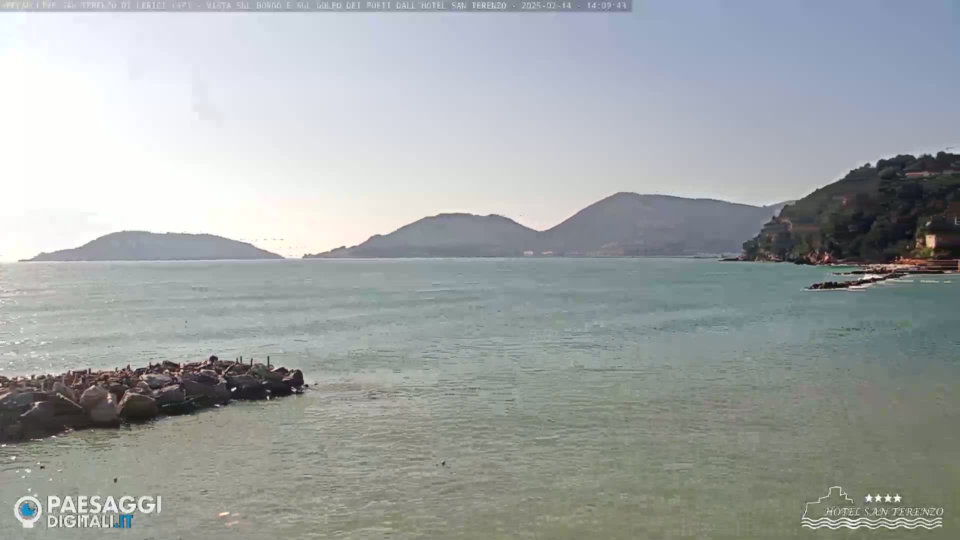 A calm sea stretches toward a line of hills under a mostly clear sky.