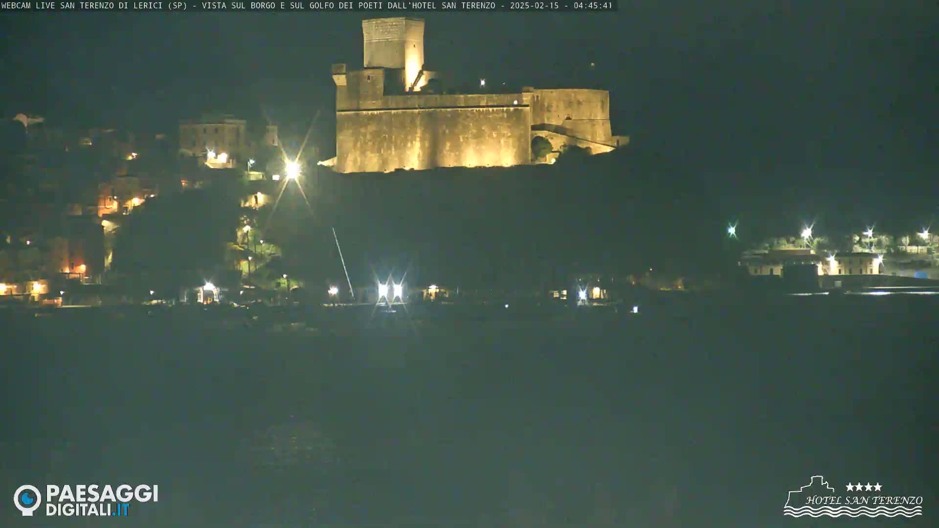 A nighttime view of a hilltop castle illuminated against a dark, clear sky, with a village and waterfront visible below.