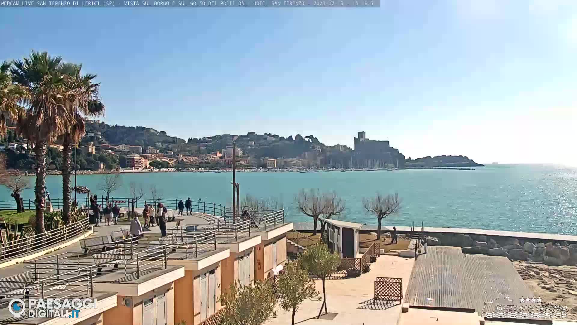 A seaside town with a castle on a hill overlooks a calm, blue body of water on a sunny day; people are walking along a paved walkway in the foreground.