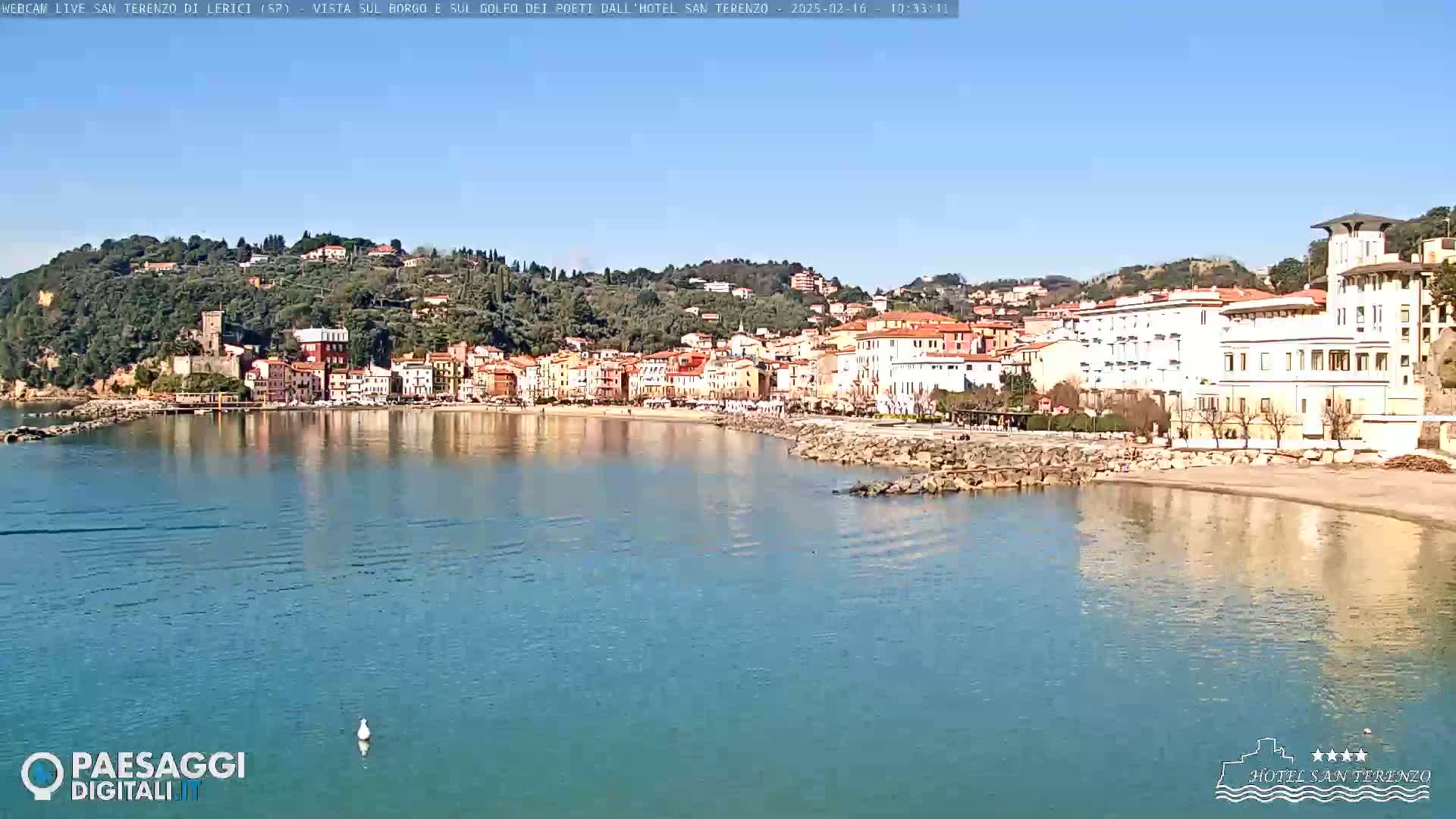 A picturesque coastal town with colorful buildings nestled against a hillside, overlooks a calm, blue body of water under a clear, sunny sky.