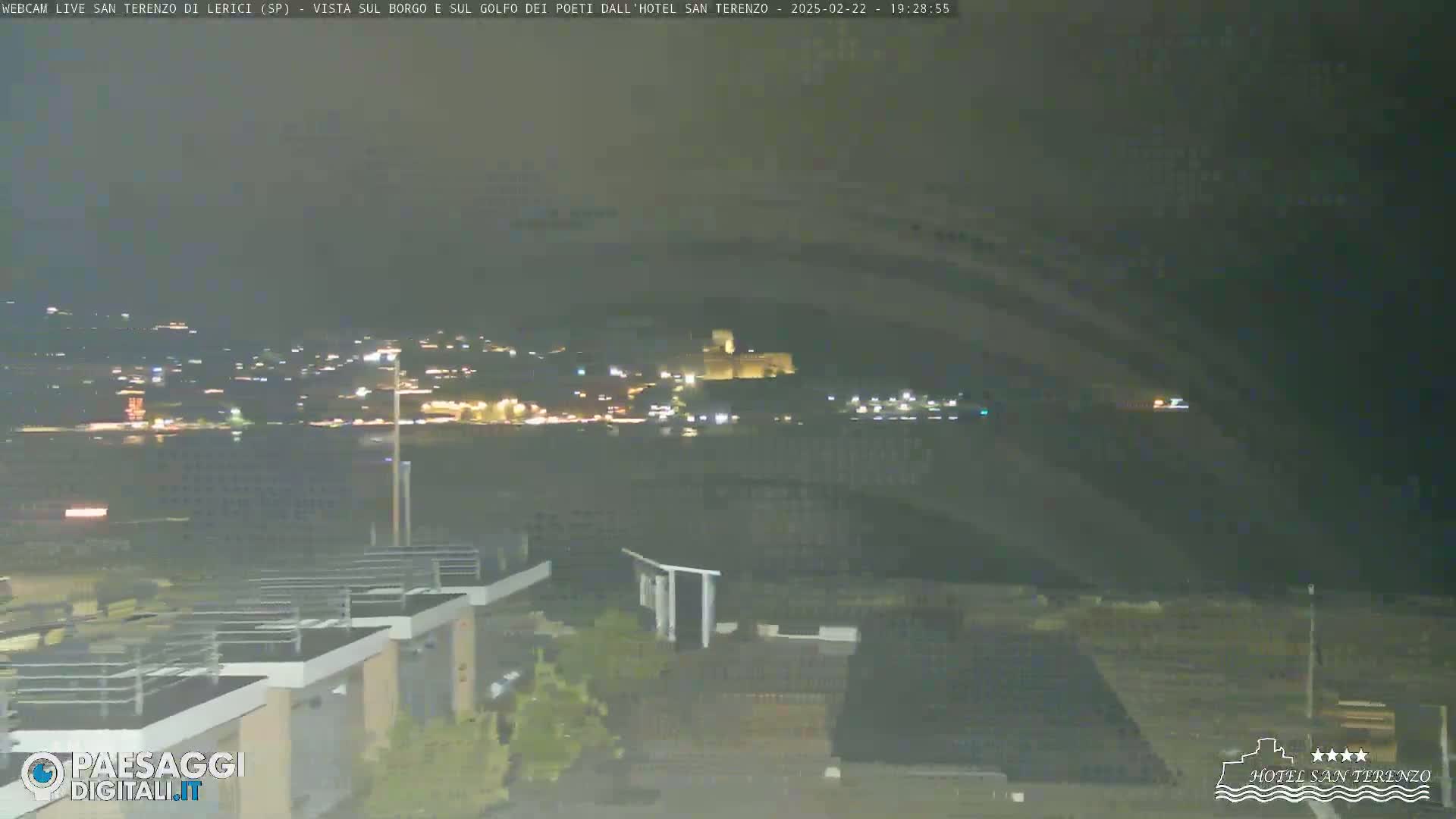 A nighttime, long-range view of a town's lights across a dark body of water, with a castle visible on a hill in the distance.