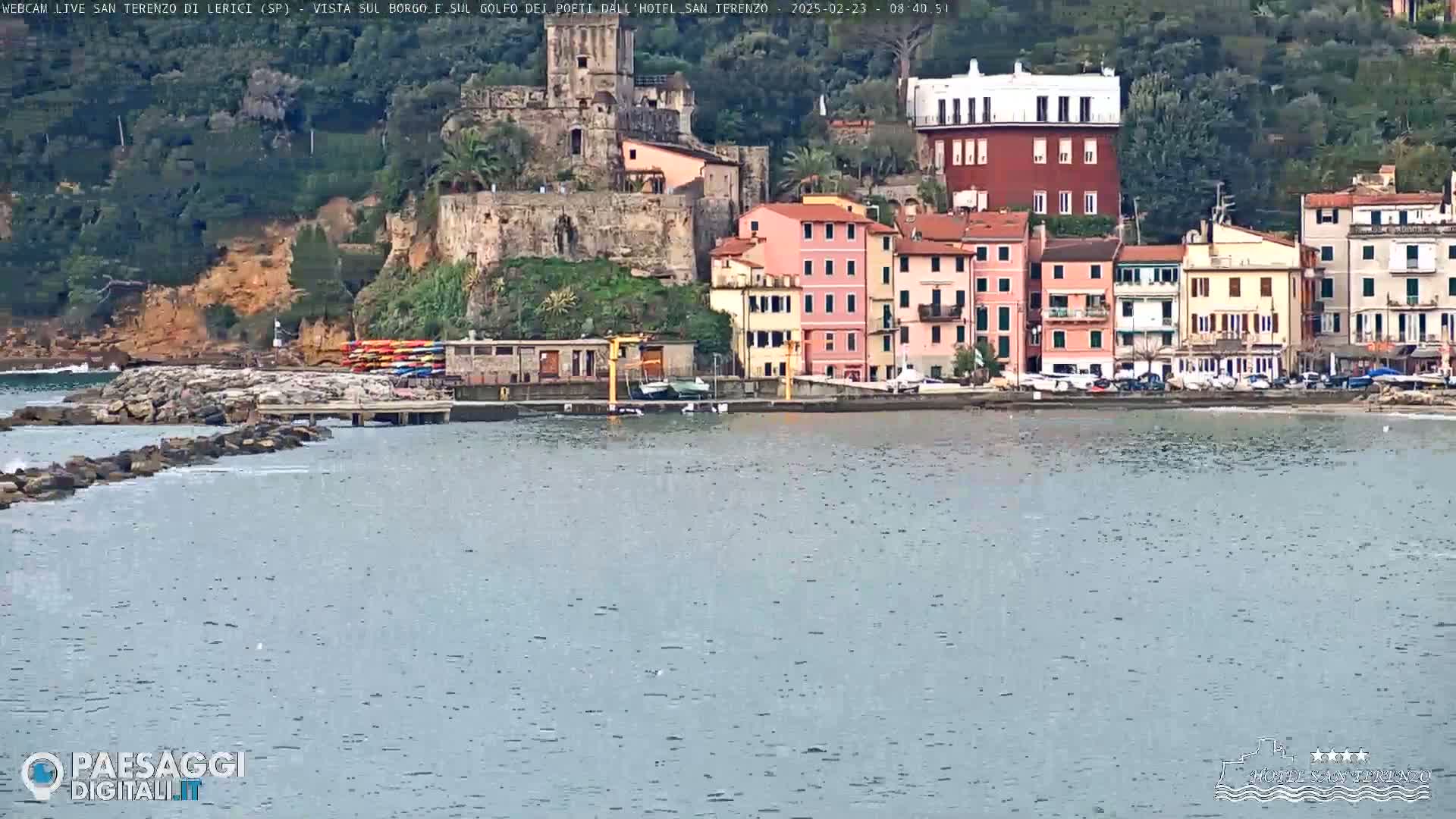 A waterfront town with colorful buildings, a stone fortress, and a calm sea under an overcast sky.