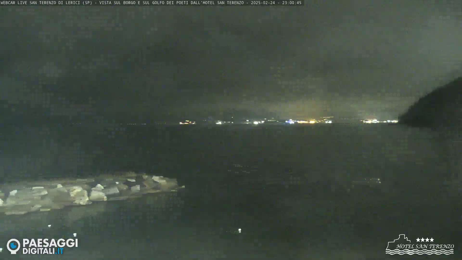 A nighttime, overcast view of a dark body of water with a distant, faintly lit cityscape.
