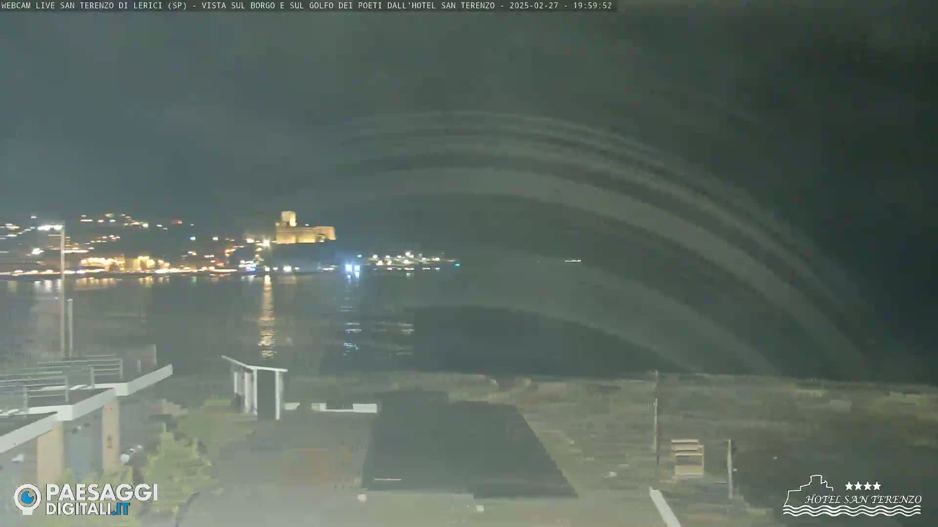 A nighttime view of a calm body of water with a town's lights across it.