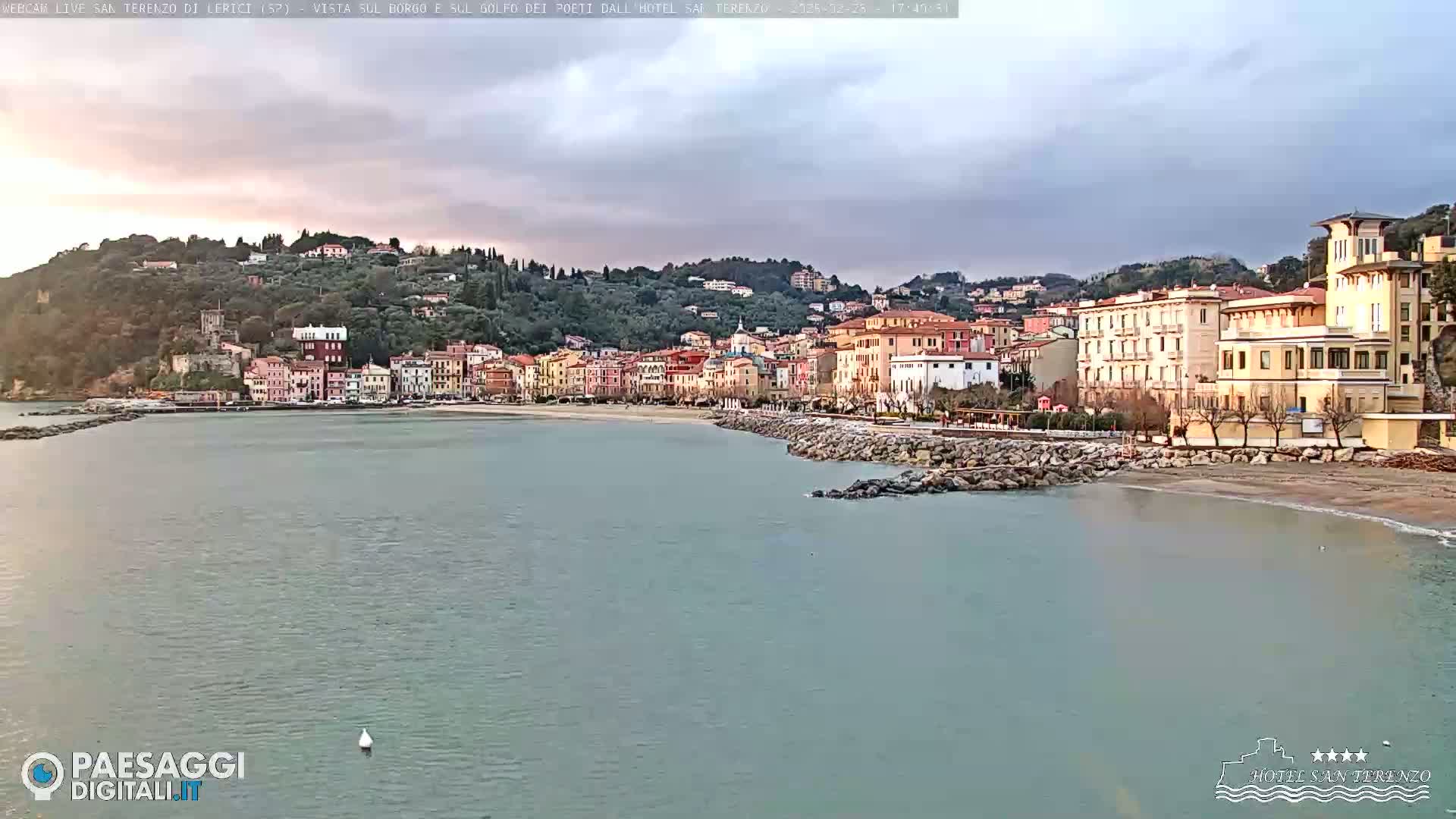A coastal town with colorful buildings nestled on a hillside overlooking a calm bay under an overcast sky.