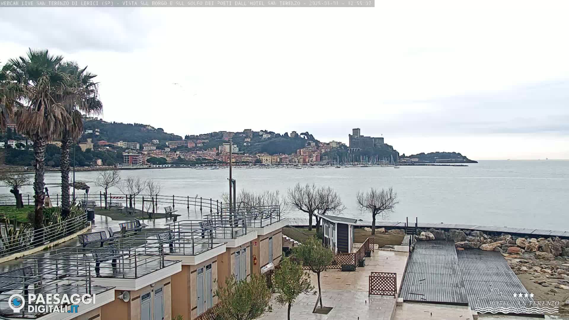 A coastal town with a castle sits on a hill overlooking a calm bay under an overcast sky.