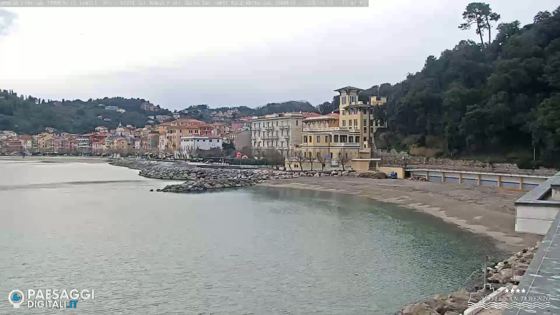 A calm body of water laps a sandy beach in front of a row of buildings, backed by a hillside covered in lush, dark green trees under an overcast sky.