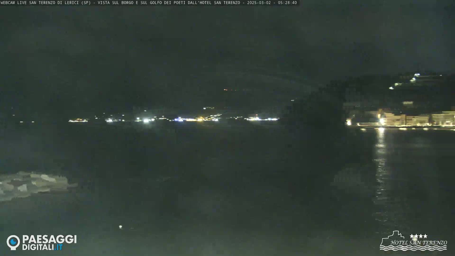 A nighttime view across dark water toward a dimly lit town on a hill under a mostly clear sky.