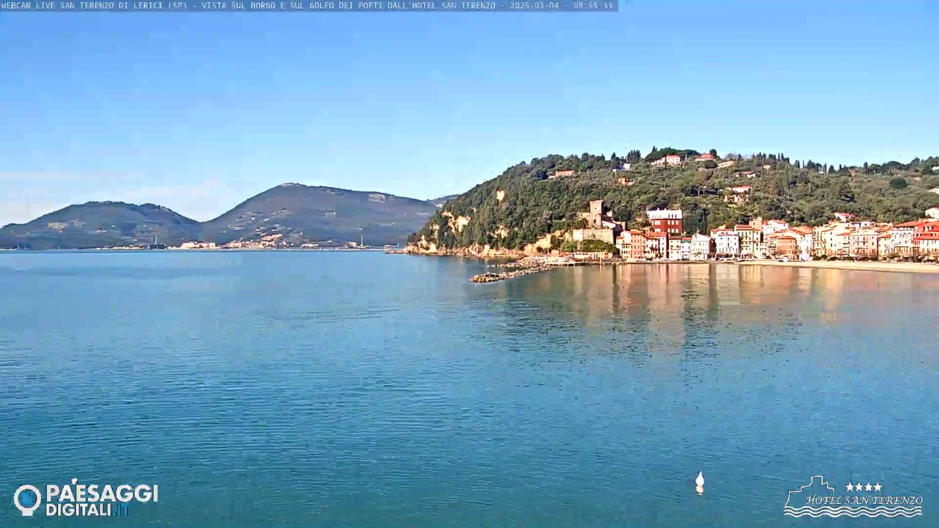 A picturesque coastal town nestled on a verdant hillside overlooks a calm, blue sea under a clear sky.