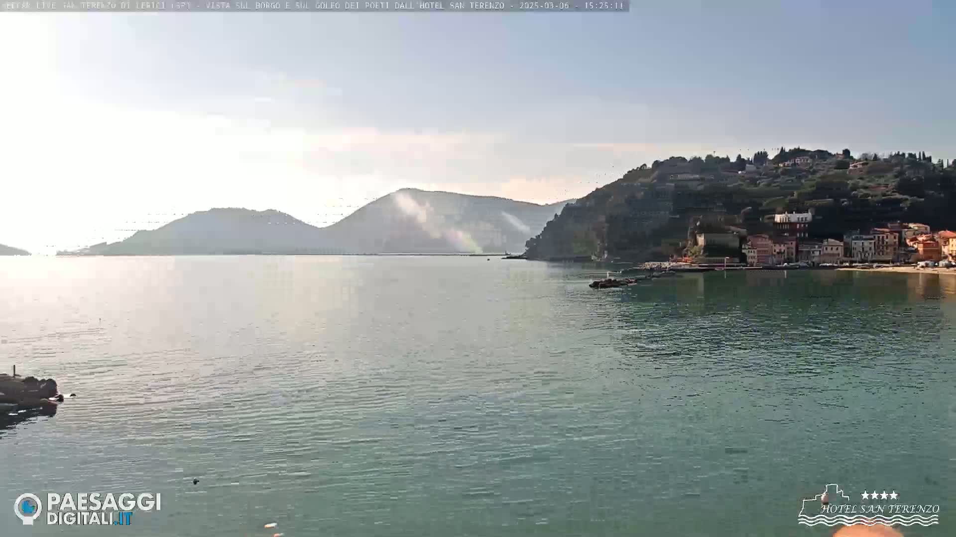 A calm body of water stretches toward a hillside town nestled against mountains under a clear sky.