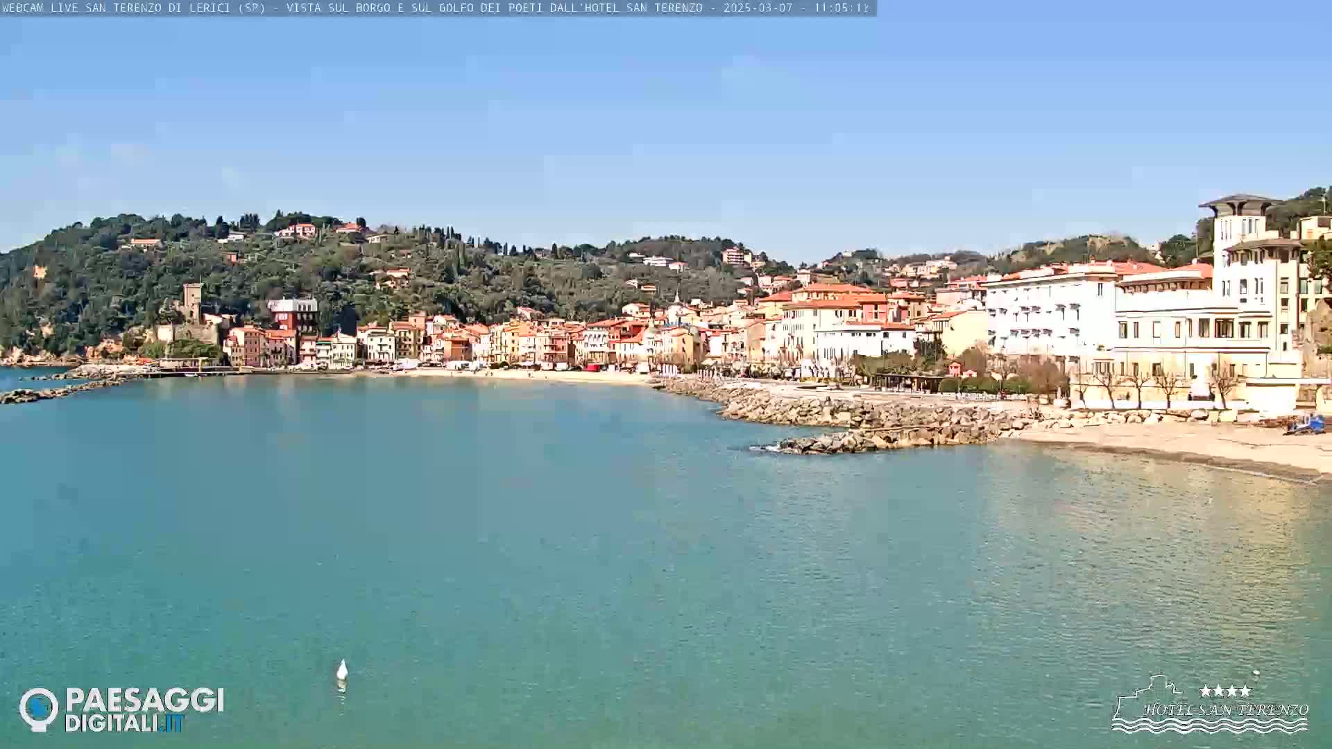 A picturesque coastal town with colorful buildings nestled against a verdant hillside, overlooks a calm, teal sea under a clear blue sky.