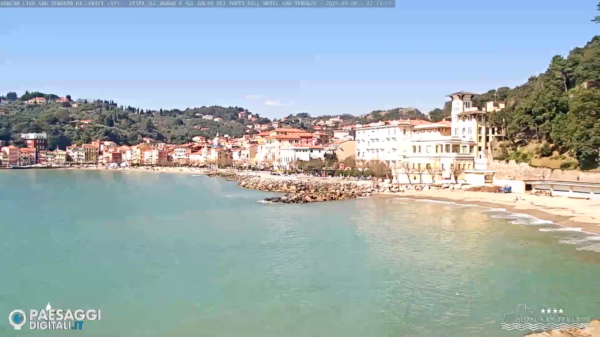 A sandy beach with calm, light-green water laps against a seawall in front of a town nestled into a hillside under a clear blue sky.