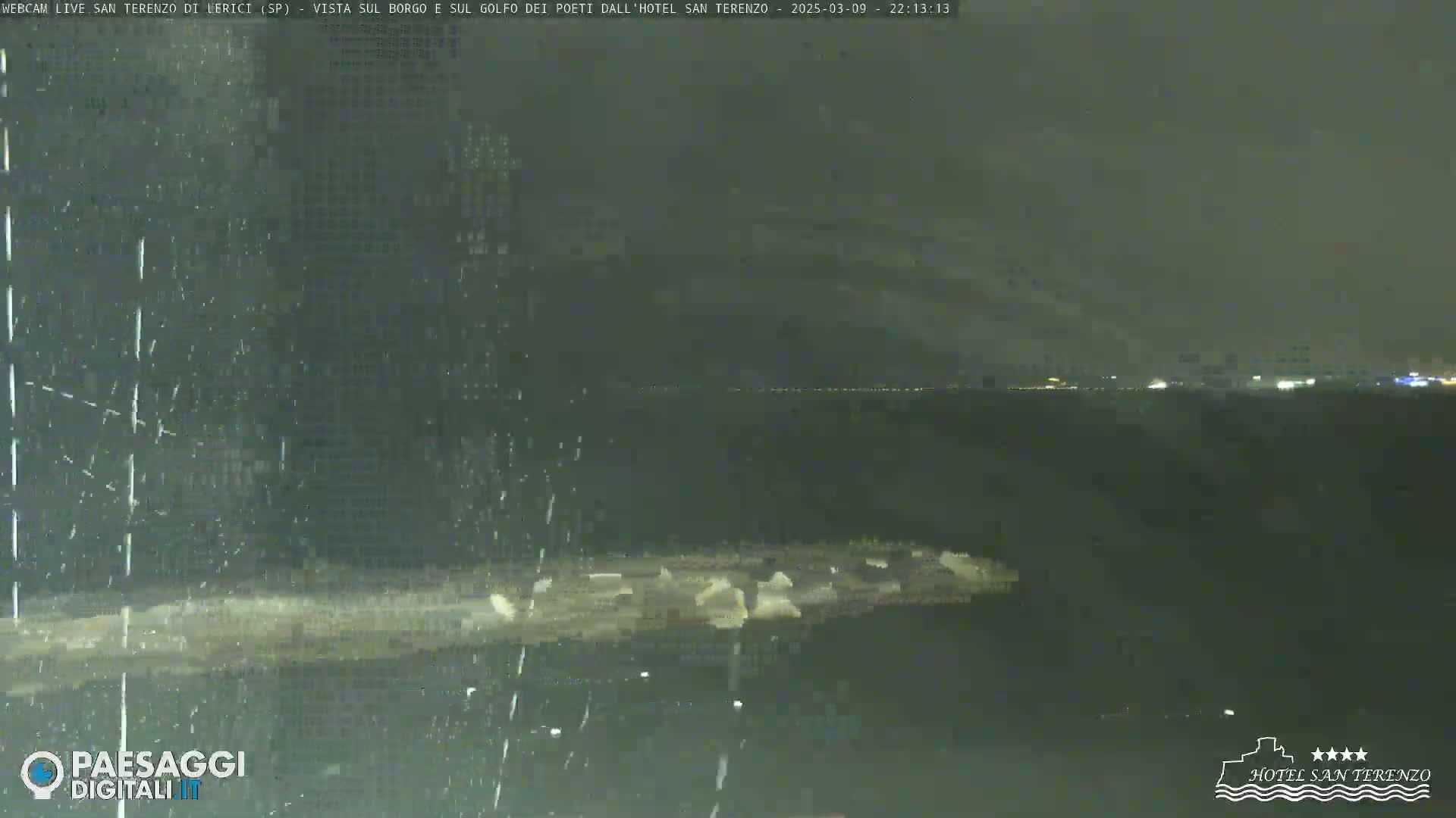 A nighttime, possibly rainy, long shot of a dark body of water with faintly visible lights on the far shore.