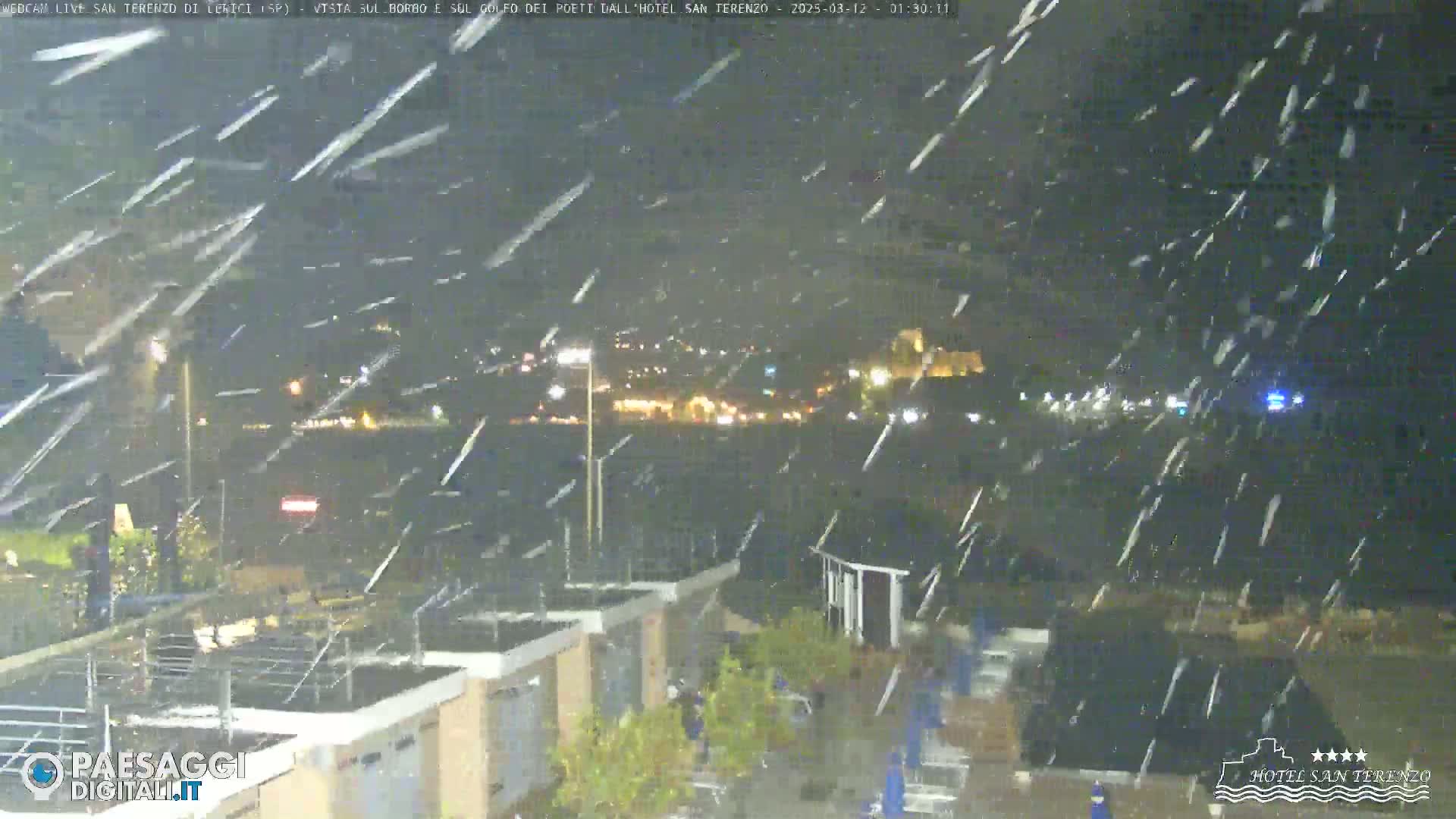 Heavy snowfall blankets a nighttime scene of buildings and lights, with a town visible in the distance.