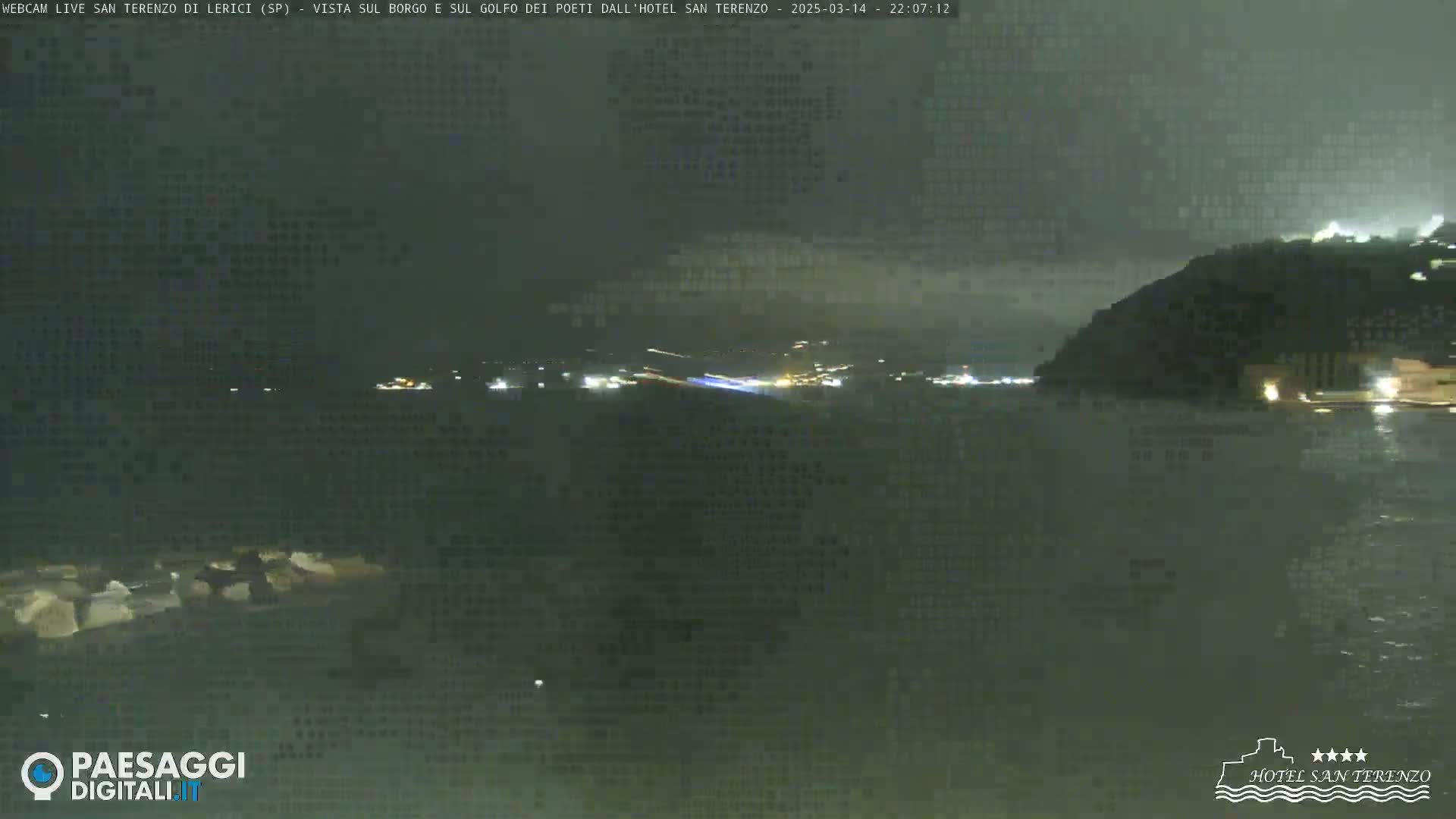 A nighttime, slightly overcast view of a dark body of water with lights visible on the far shore and a hill in the background.