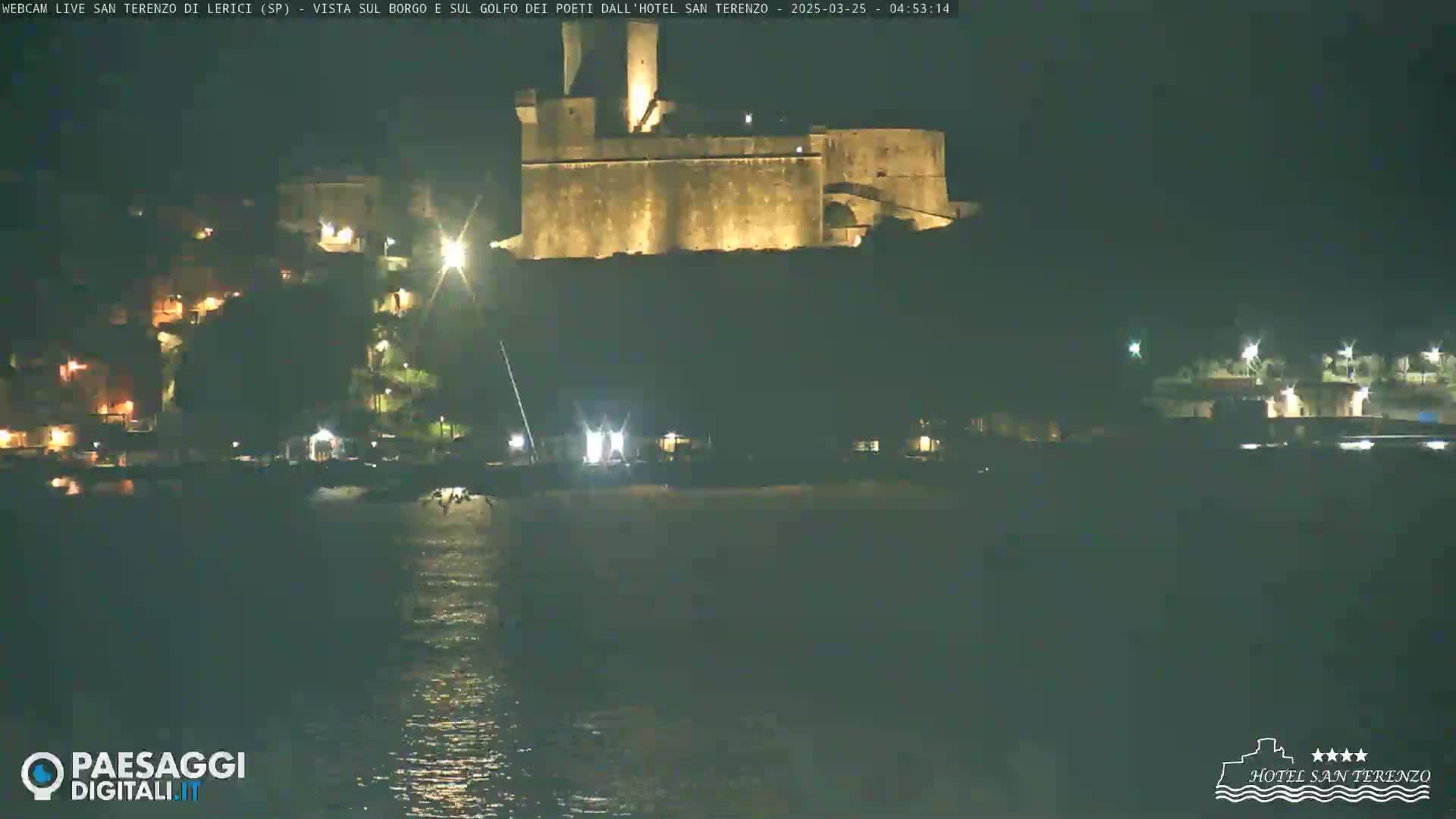 A nighttime view of a coastal town with a large stone fortress overlooking the dark water.