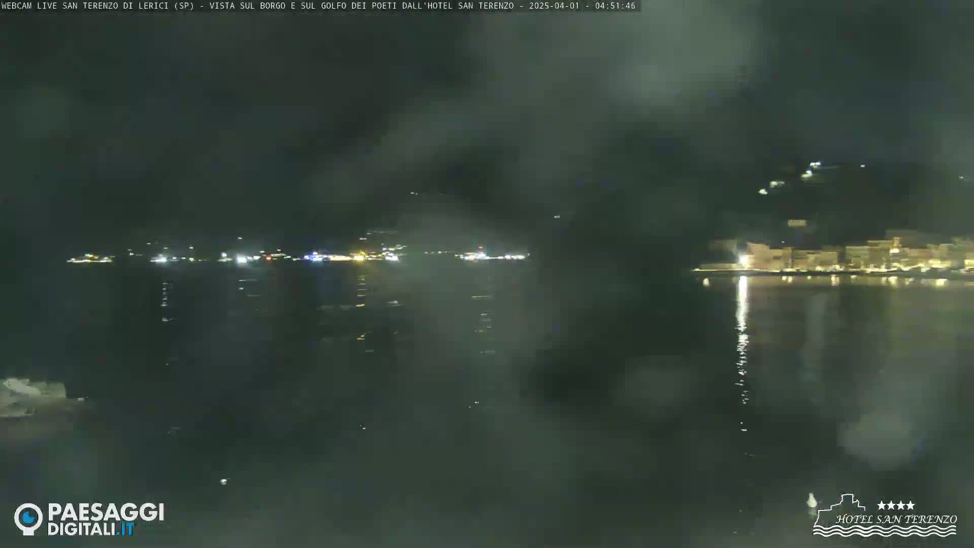 A nighttime view across a calm body of water shows a town's lights across the far shore.