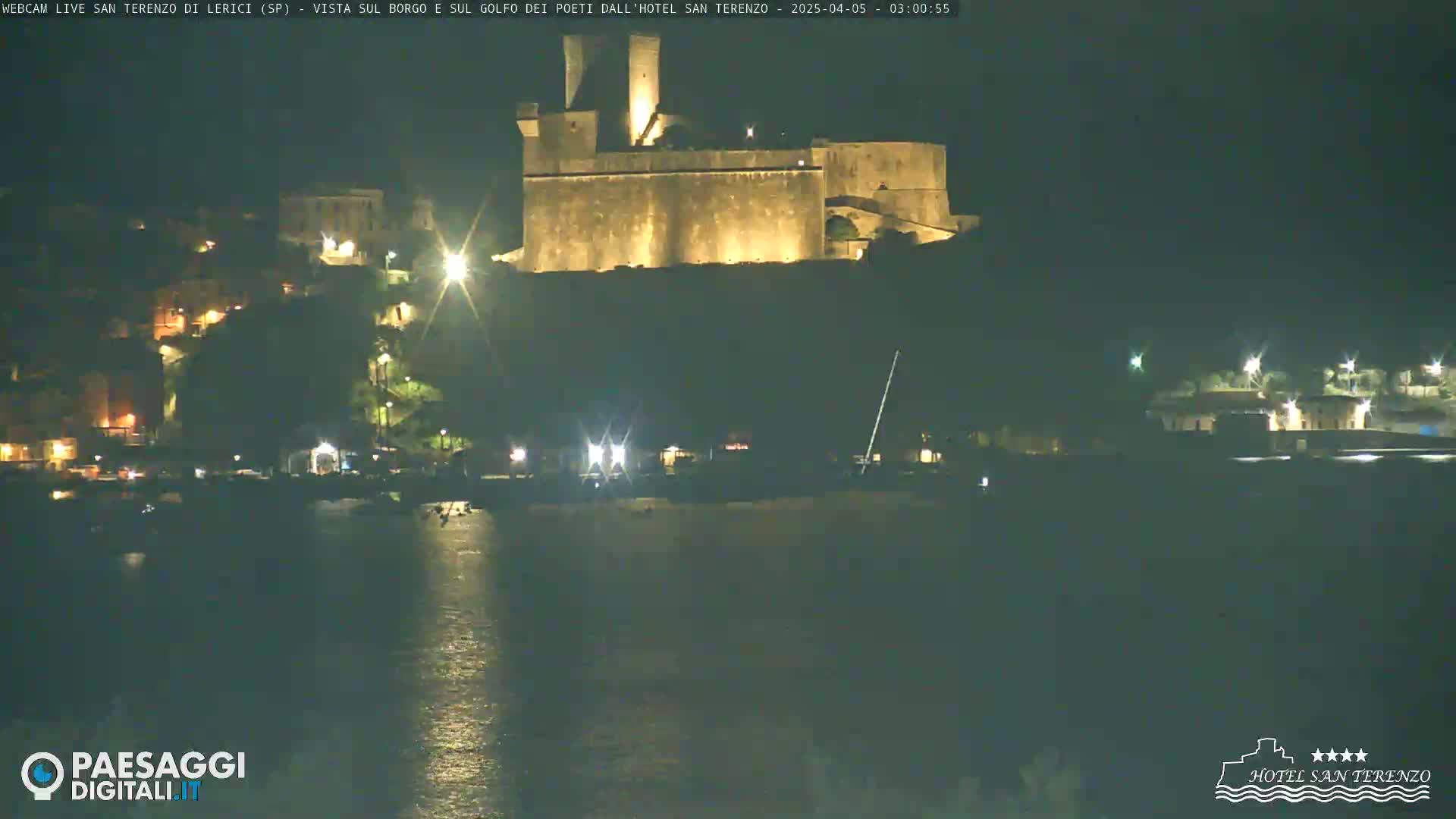 A nighttime view of a coastal town with a large illuminated castle overlooking a dark body of water.