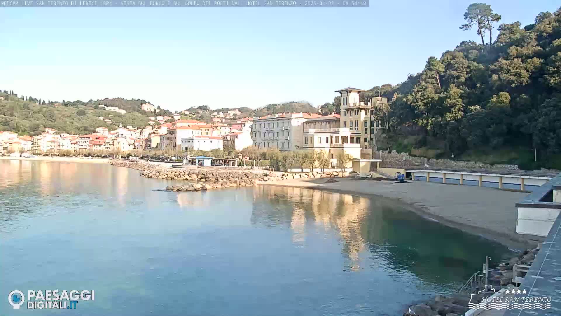 A calm body of water reflects a seaside town nestled against a hillside under a clear sky.