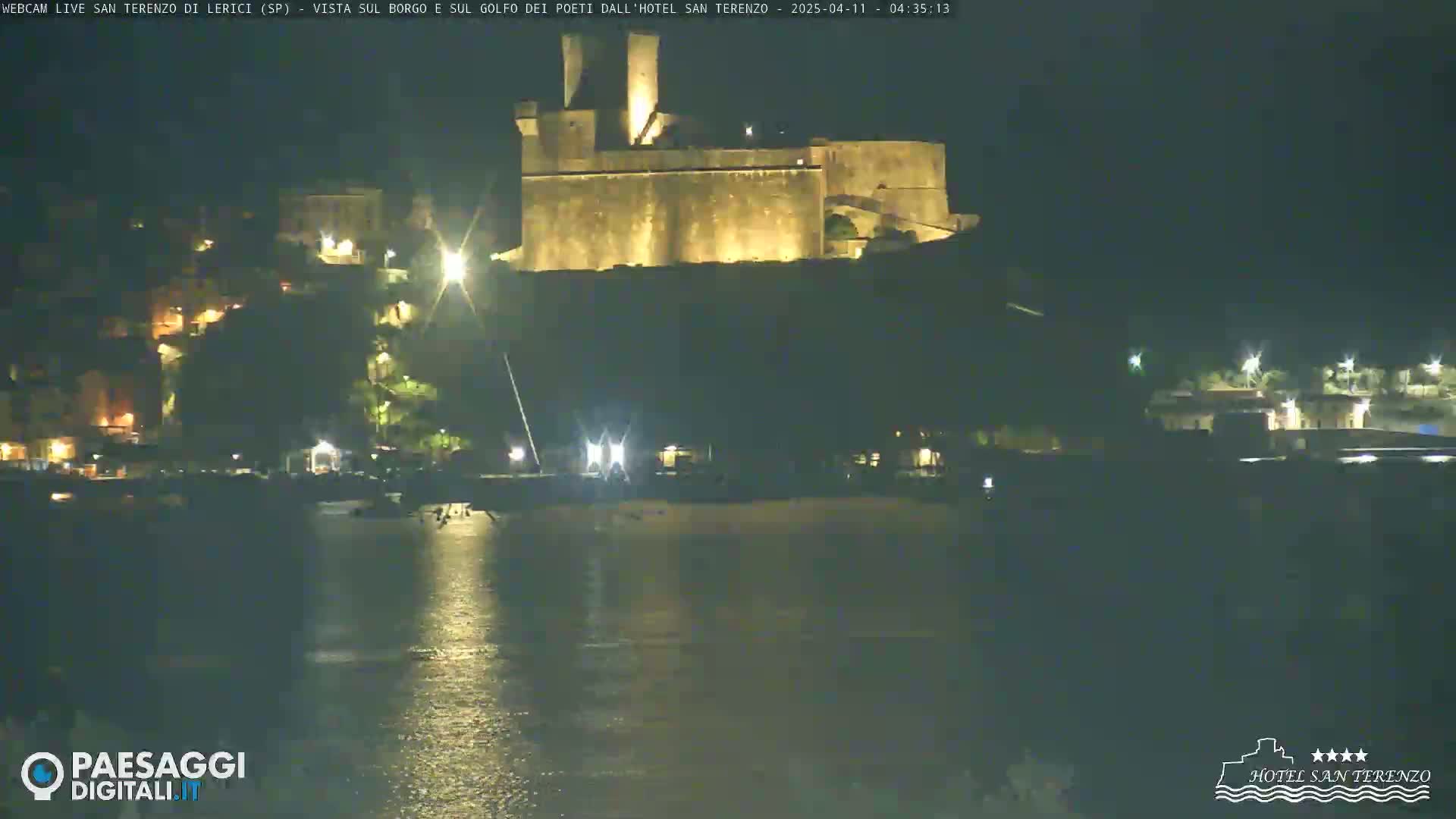 A dark nighttime view of a stone castle perched atop a hill overlooking a calm body of water.