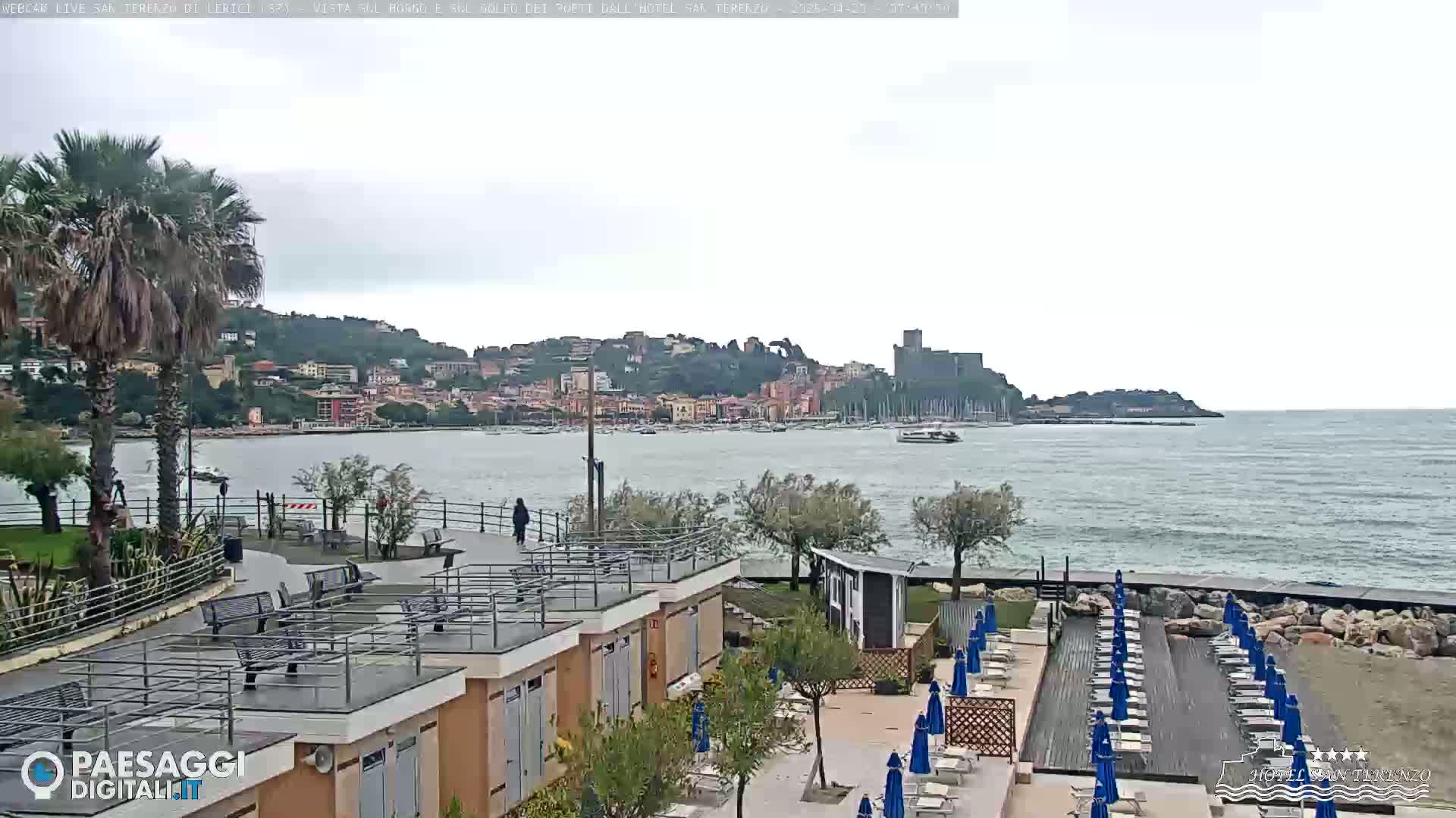 A coastal town with a castle is visible across a calm body of water from a beach with rows of lounge chairs and umbrellas under an overcast sky.