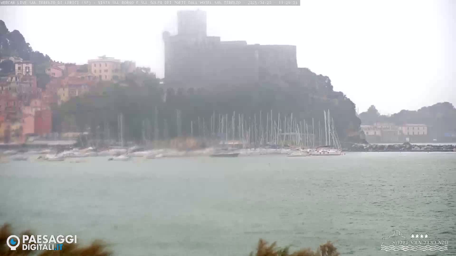 A coastal town with a large castle is seen across a choppy body of water during a rainy day.