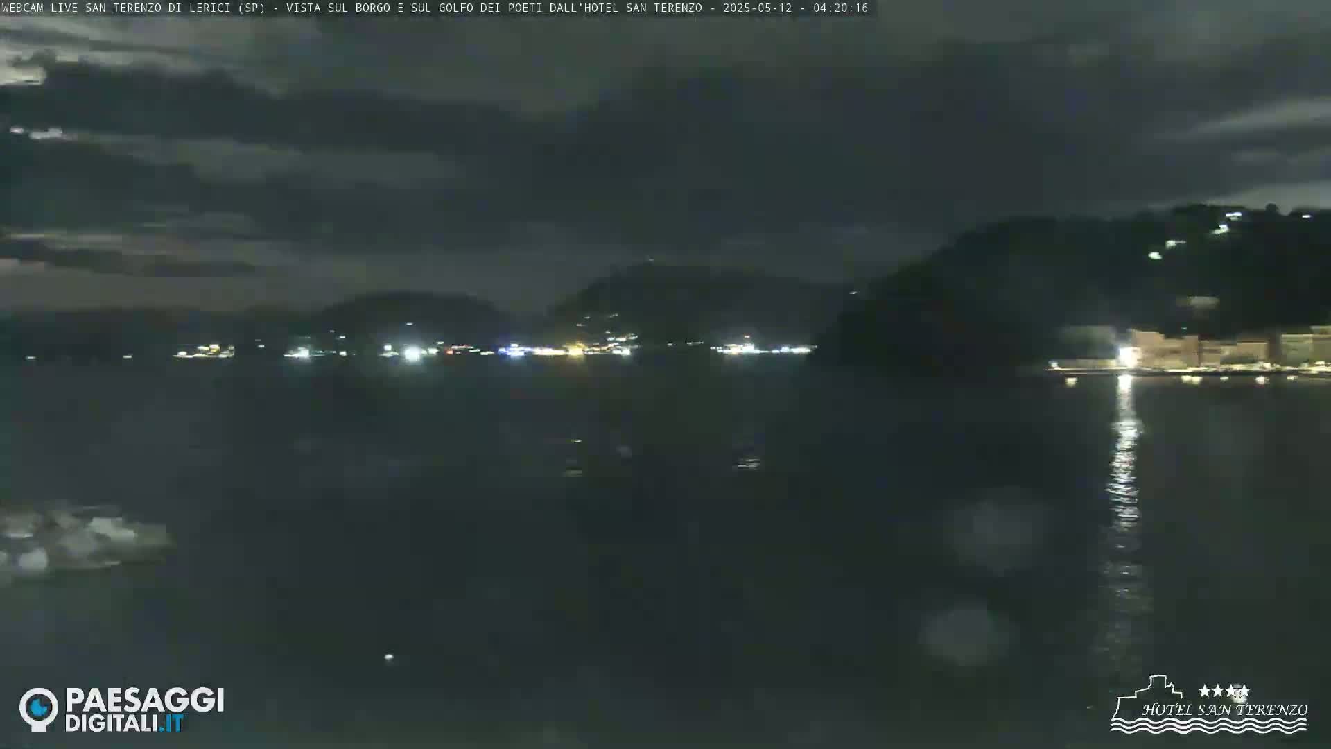 A nighttime view across a dark body of water towards a dimly lit town nestled among dark hills under a cloudy sky.